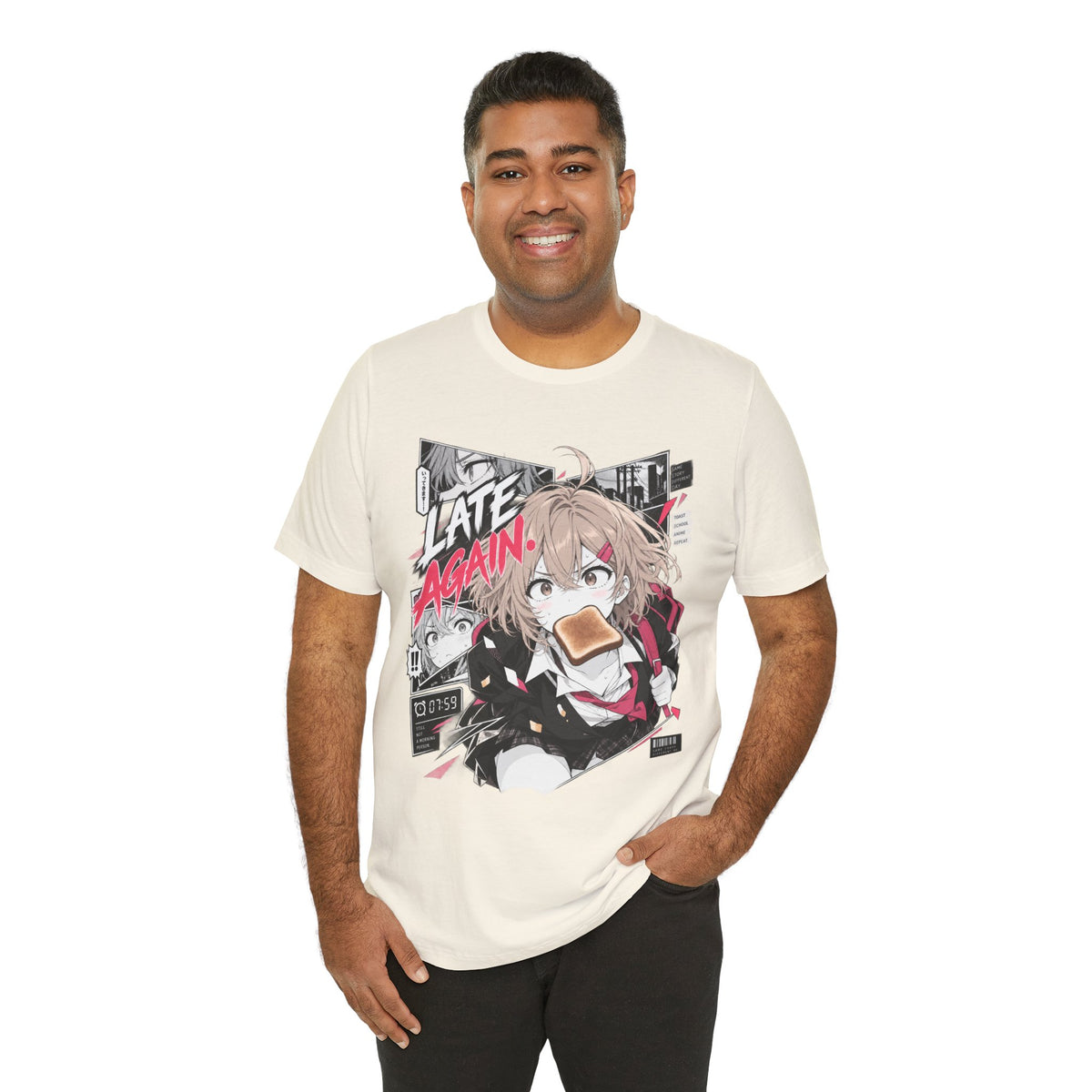 Anime Meme Shirt – Late Again School Girl & Toast Manga Graphic