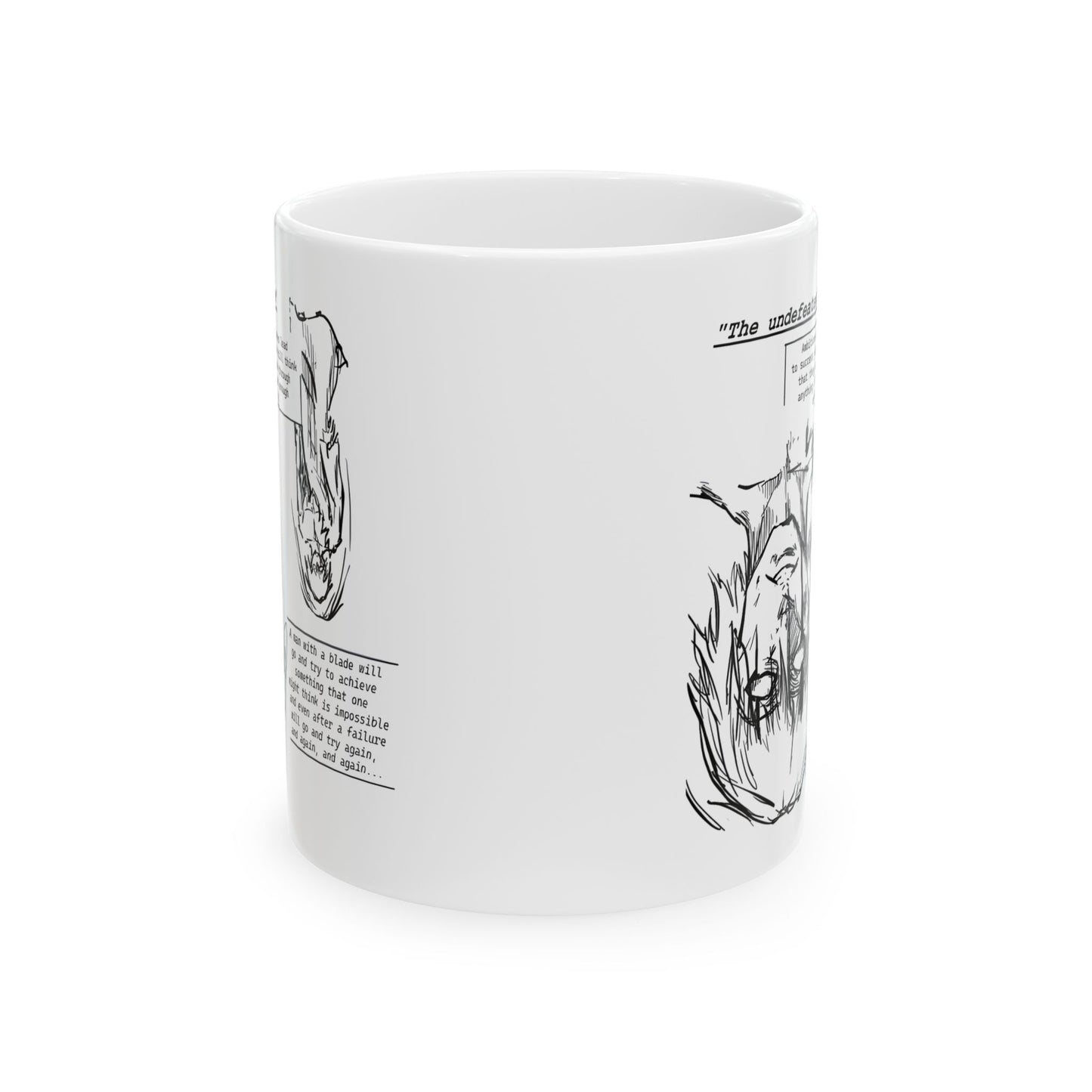 Cross-Eyed Samurai Mug – Fall of the Undefeated, Hand-Drawn Manga Art Coffee Cup, Mythic Anime Gift for Fans of Gritty Stories, B&W Samurai Design