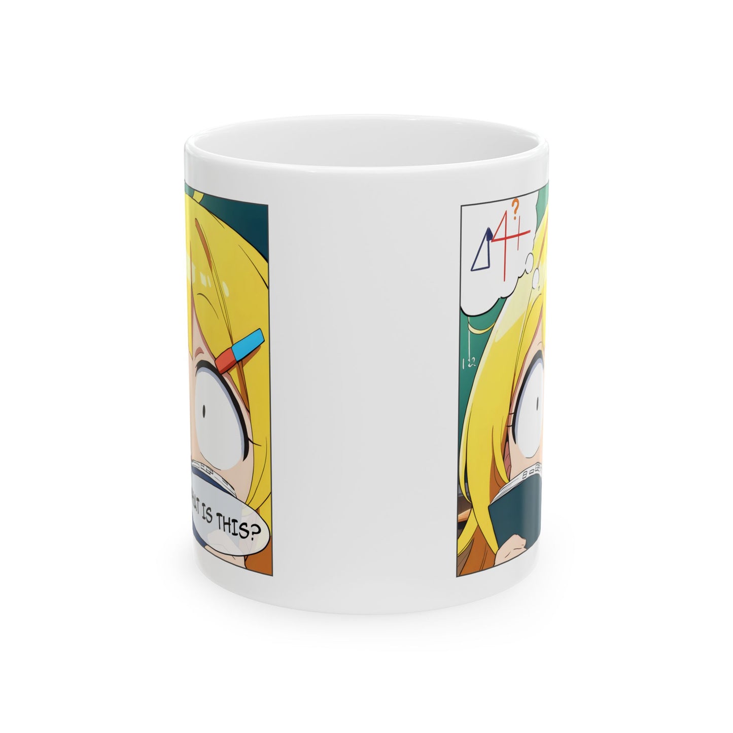 Math Struggle Mug – Confused Anime Girl with Book, Funny Exam Season Gift for Students and Study Survivors