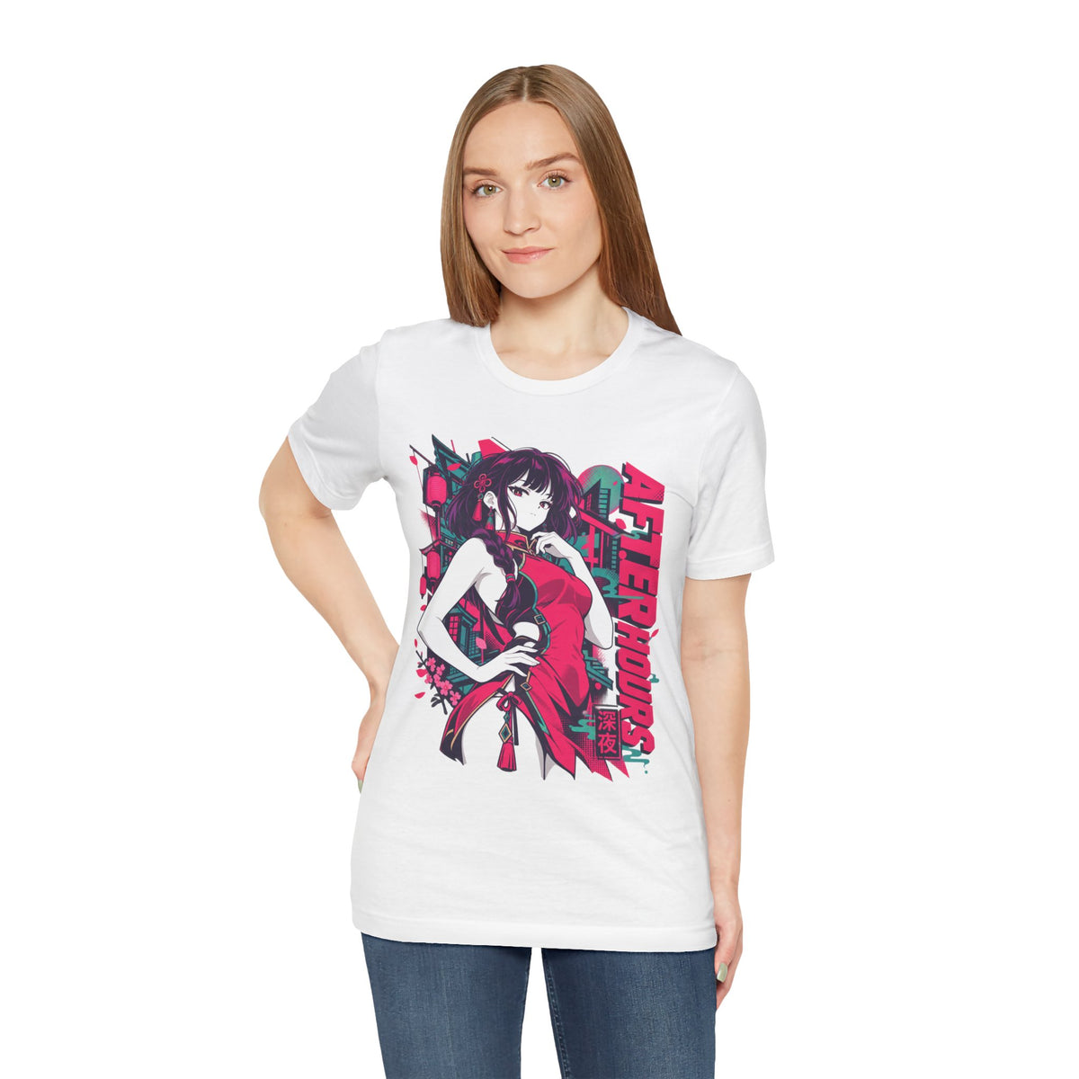 Anime Streetwear Tee – After Hours Neon Qipao Girl Graphic