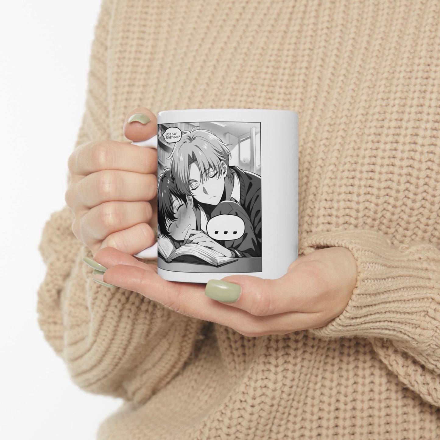 Tender BL Mug – Sleepy Manga Boys in Library Hug Scene, Soft Romantic Moment for Fans of Gentle Love and Quiet Stillness