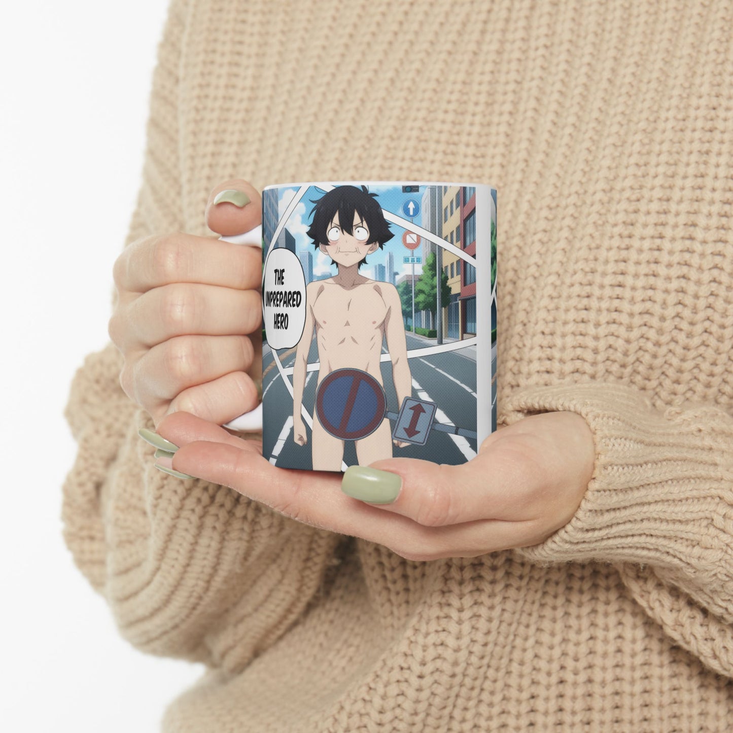 Isekai Meme Mug – Naked Summon Gone Wrong, Funny Anime Coffee Mug, Hilarious Traffic Sign Censorship Gag, Gift for Otaku and Chaos Lovers