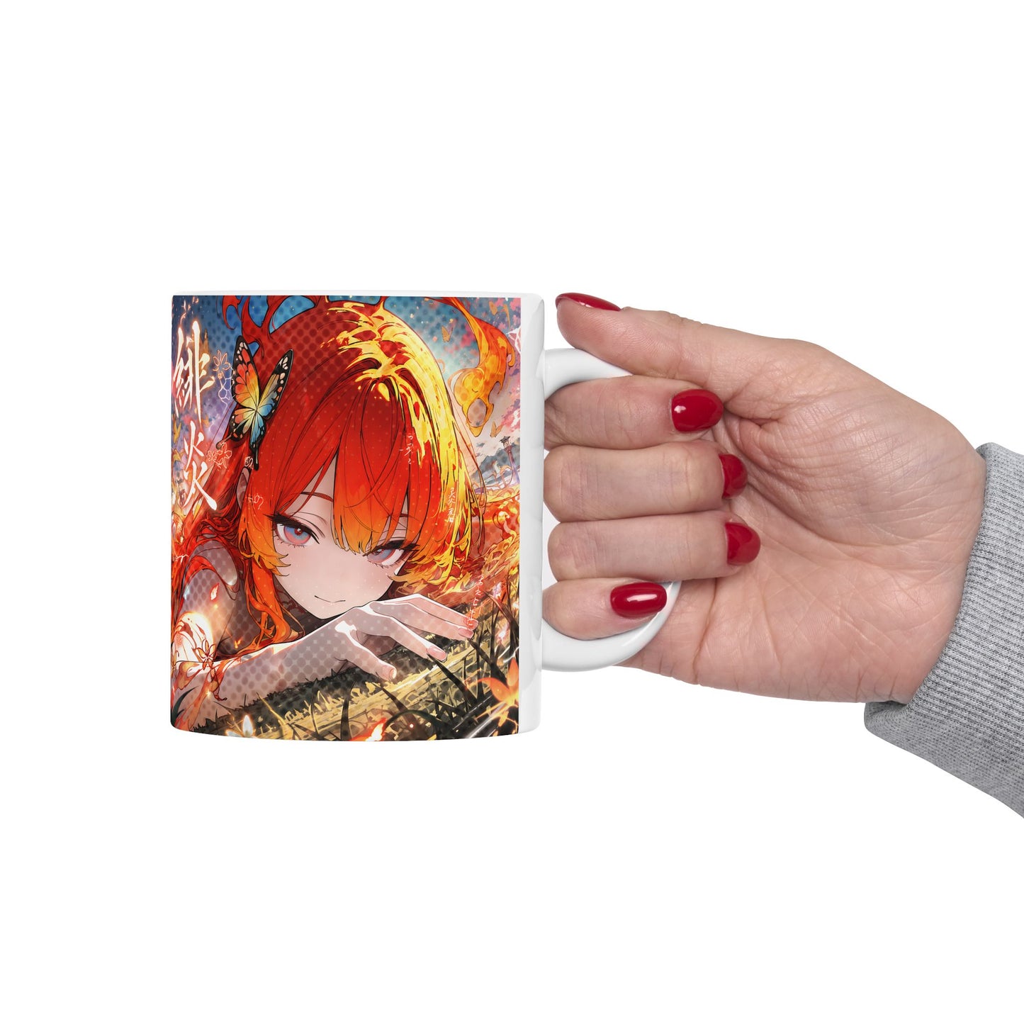 Fire Anime Mug – Flame Girl Anime Cup, Intense Burning Aesthetic Coffee Mug, Powerful Anime Character Mug, Bold Otaku Gift