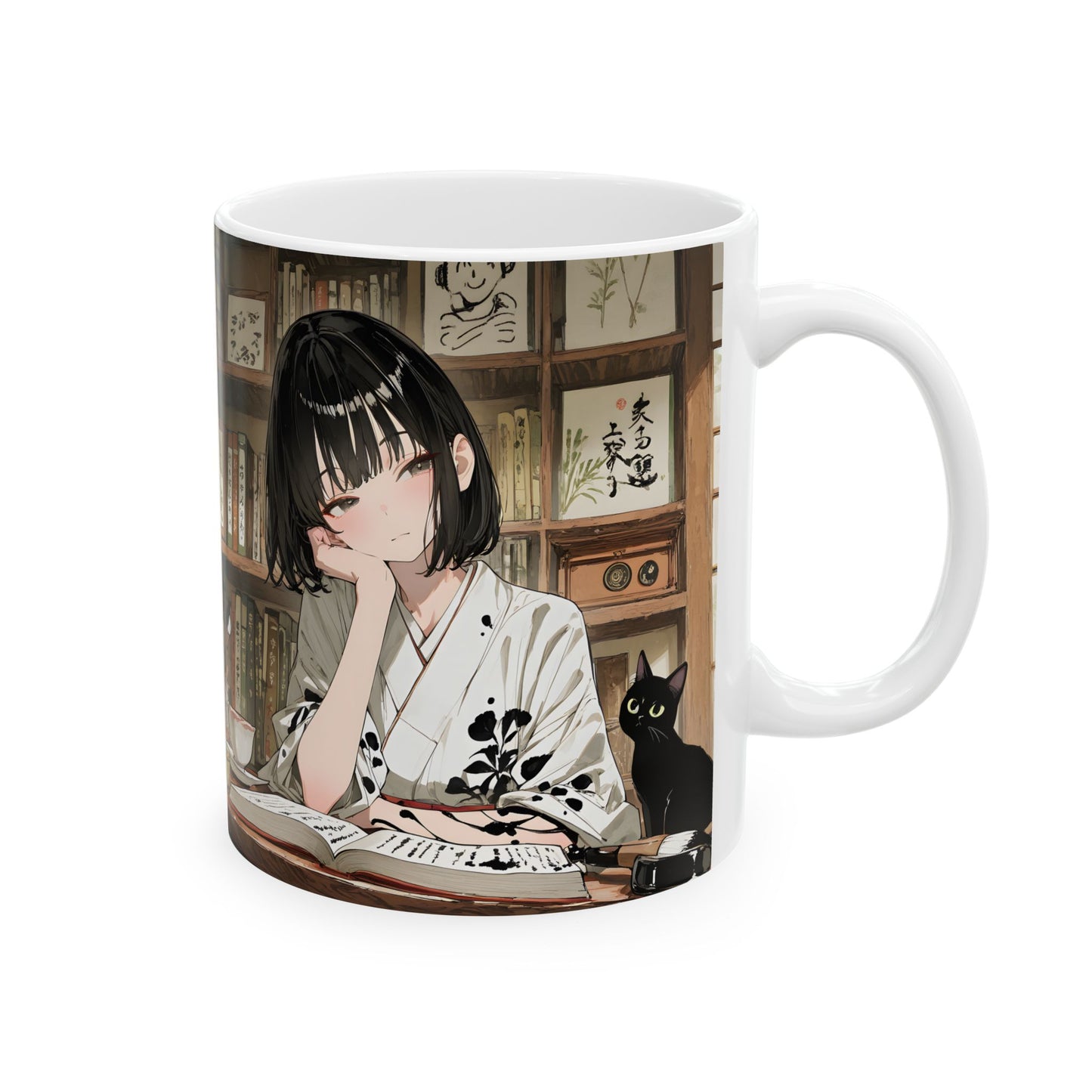 Calm Anime Mug – Cozy Reading Anime Girl Cup, Slow Life Aesthetic Mug, Peaceful Cat Coffee Mug, Relaxing Japanese Text Mug