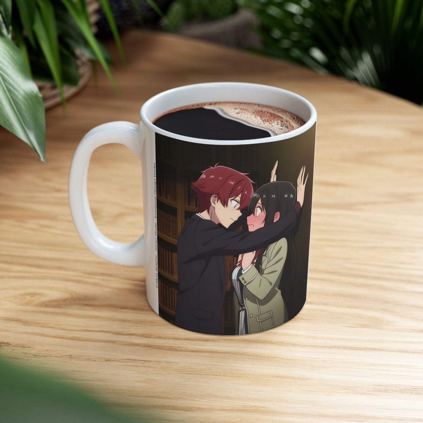 Anime Romance Mug – Heart-Stopping Kabe-Don Scene, Blushing Library Moment, Cute Couple Coffee Cup