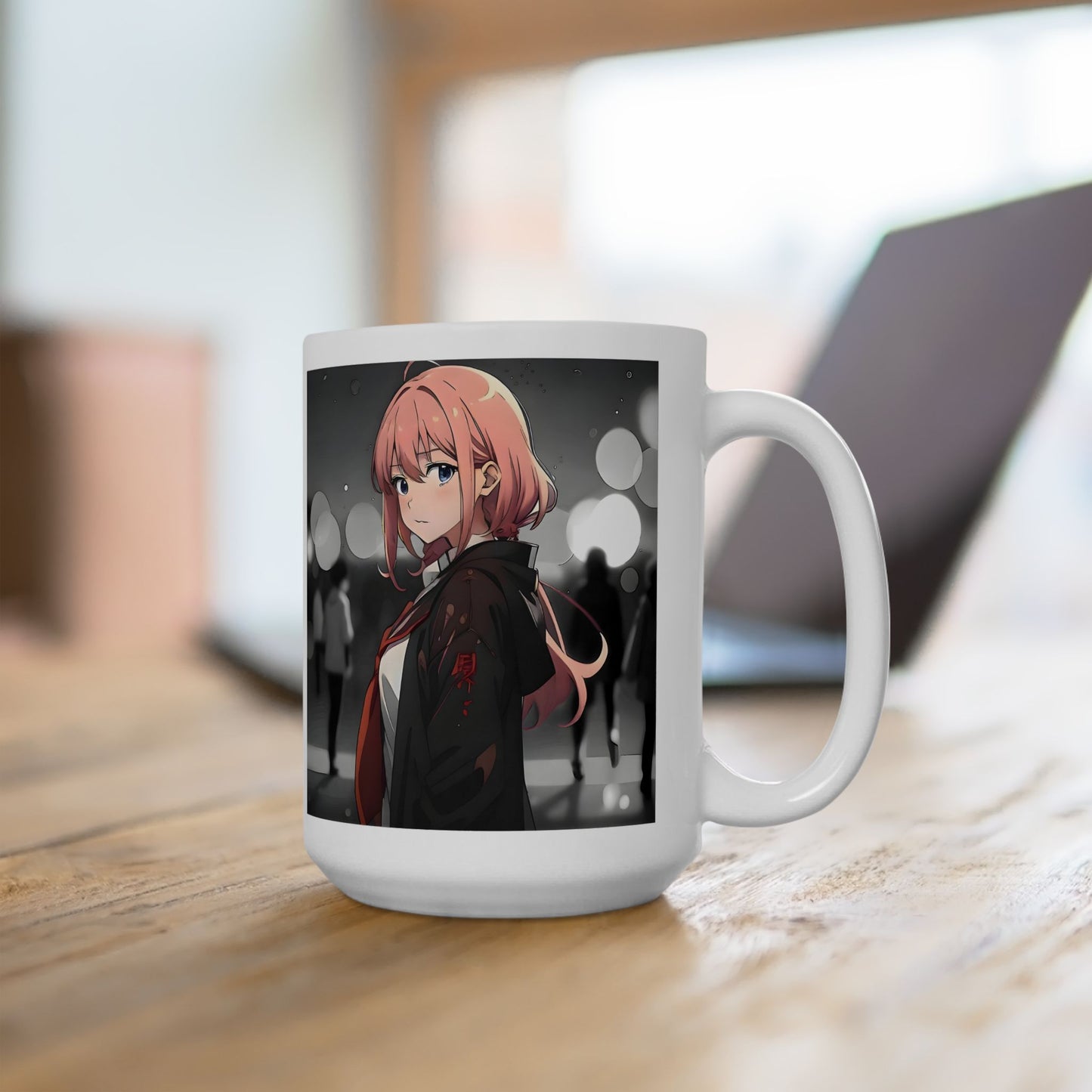 Emotional Anime Mug – Lonely Girl in Rainy Crowd, Pink Hair Manga Scene with Bokeh Lights, Sad Coffee Cup for Soft Moments