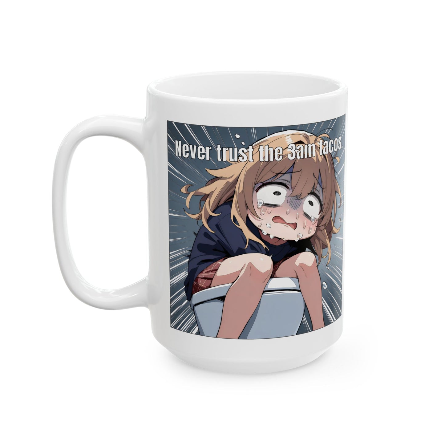 Funny Anime Mug – Crying Girl on Toilet Meme, Late Night Regret, Hilarious Gift for Anime Fans and Chaotic Foodies