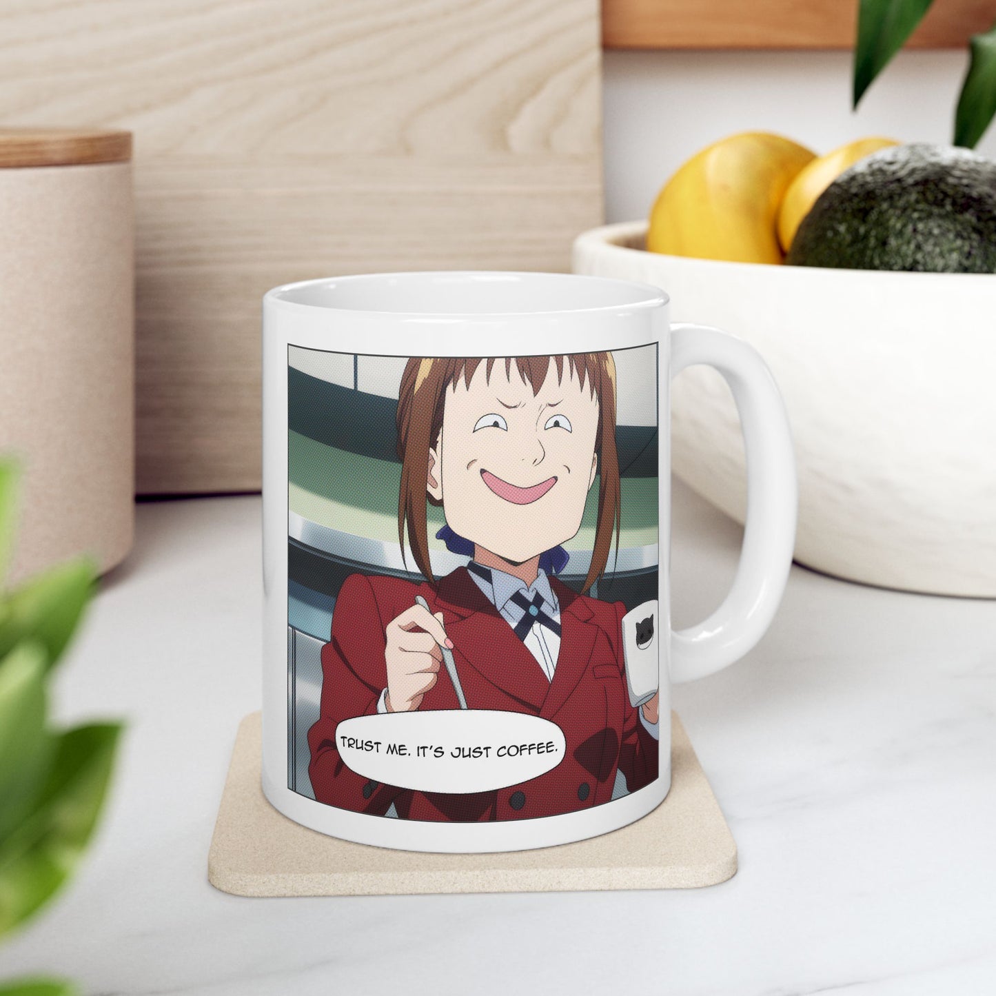 Anime Coffee Mug – Suspicious Girl Meme Cup with “Trust Me It’s Just Coffee” Quote, Funny Otaku Gift for Work Chaos