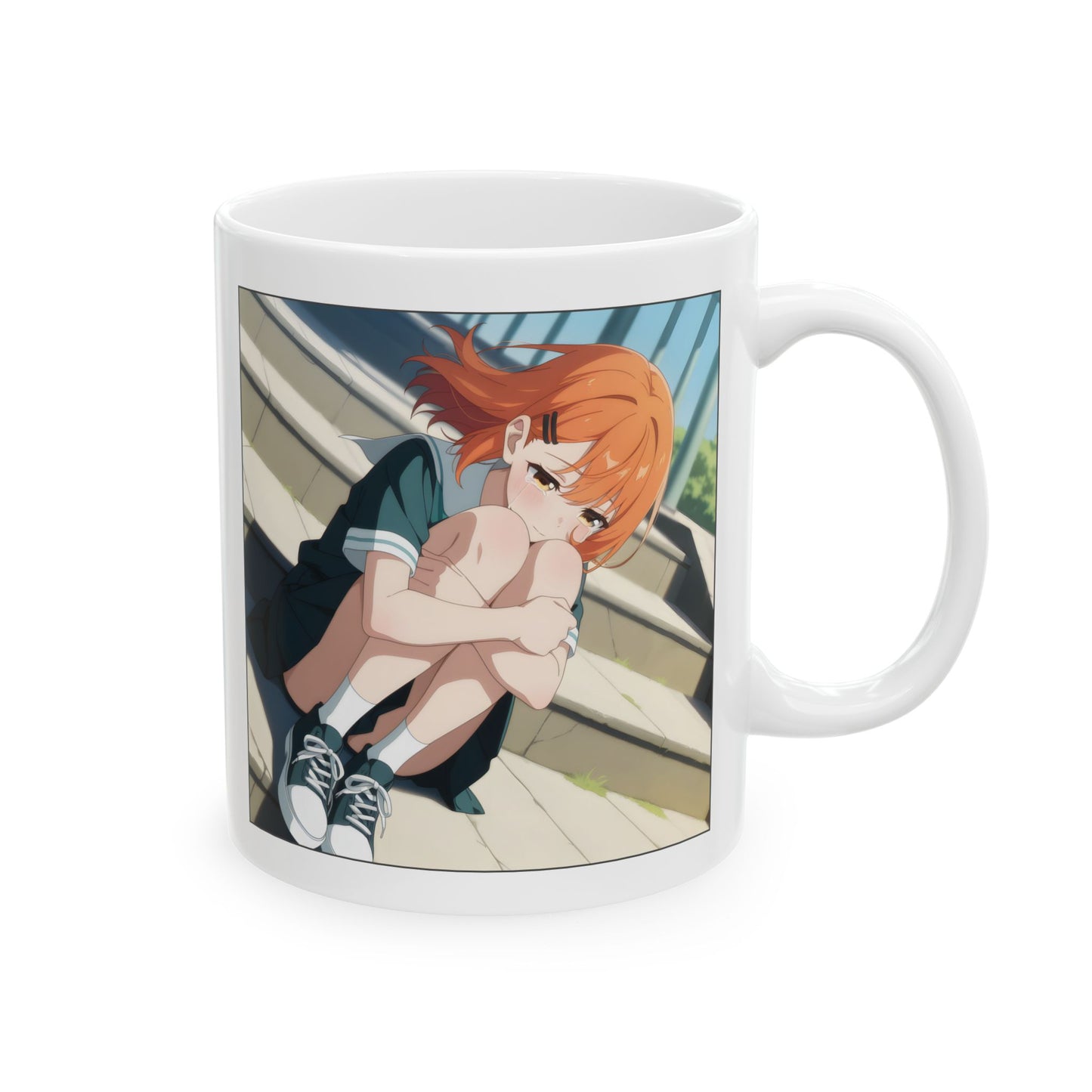 Sad Anime Girl Mug – Emotional Scene on School Steps, Quiet Gift for Soft Souls and Slice-of-Life Fans