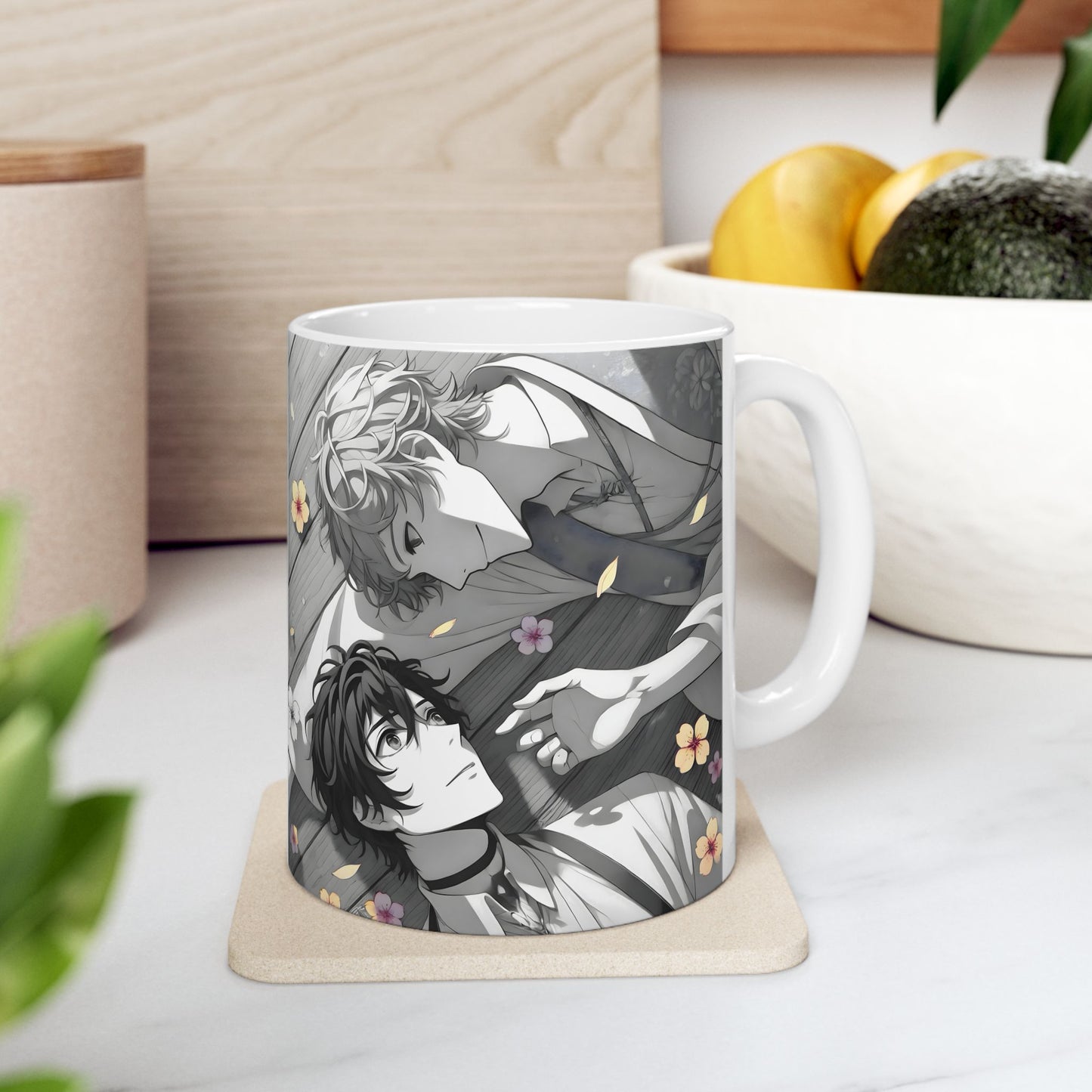 Boys Love Anime Mug – Soft Flower Petal Romance, Gentle BL Moment, Emotional Manga Coffee Cup