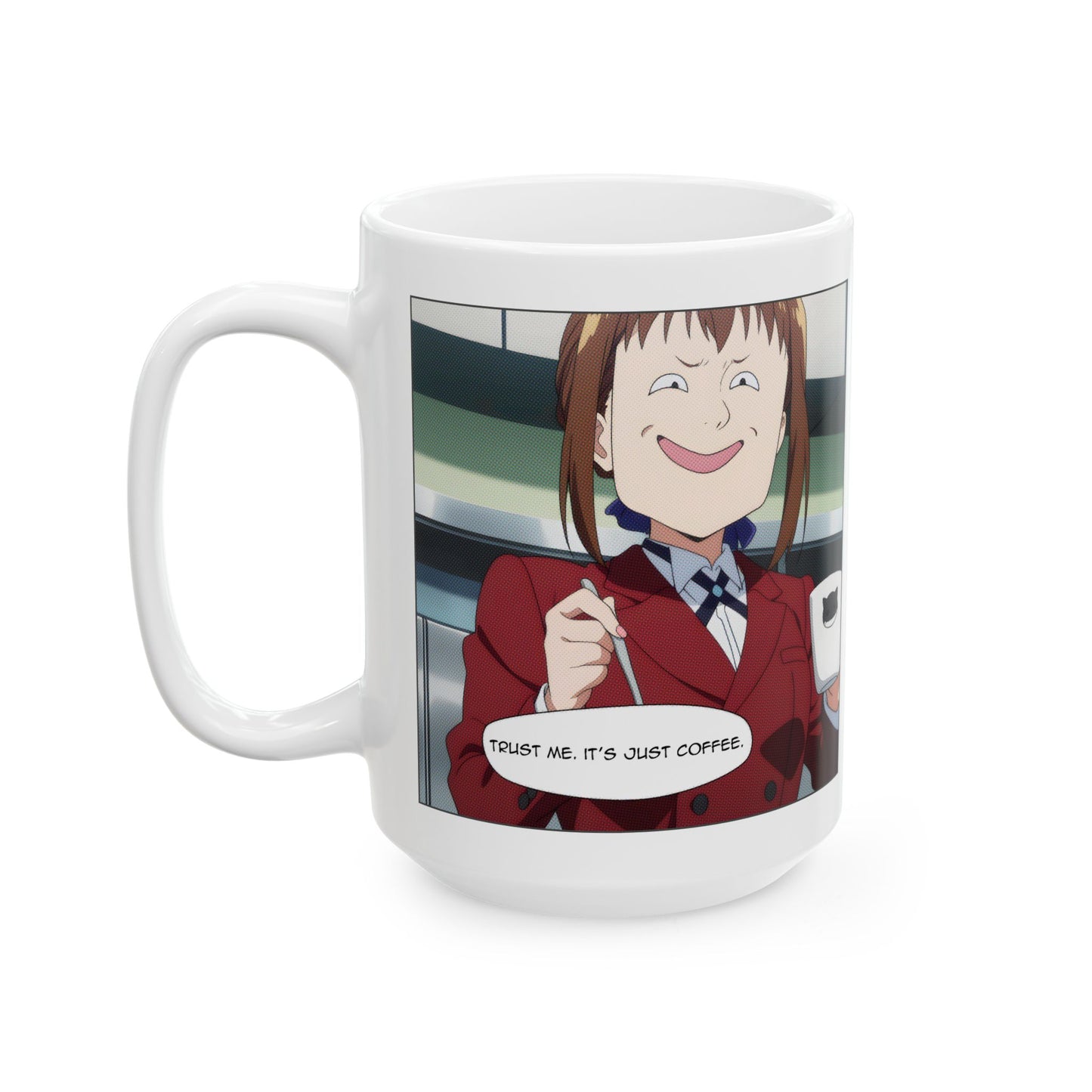 Anime Coffee Mug – Suspicious Girl Meme Cup with “Trust Me It’s Just Coffee” Quote, Funny Otaku Gift for Work Chaos