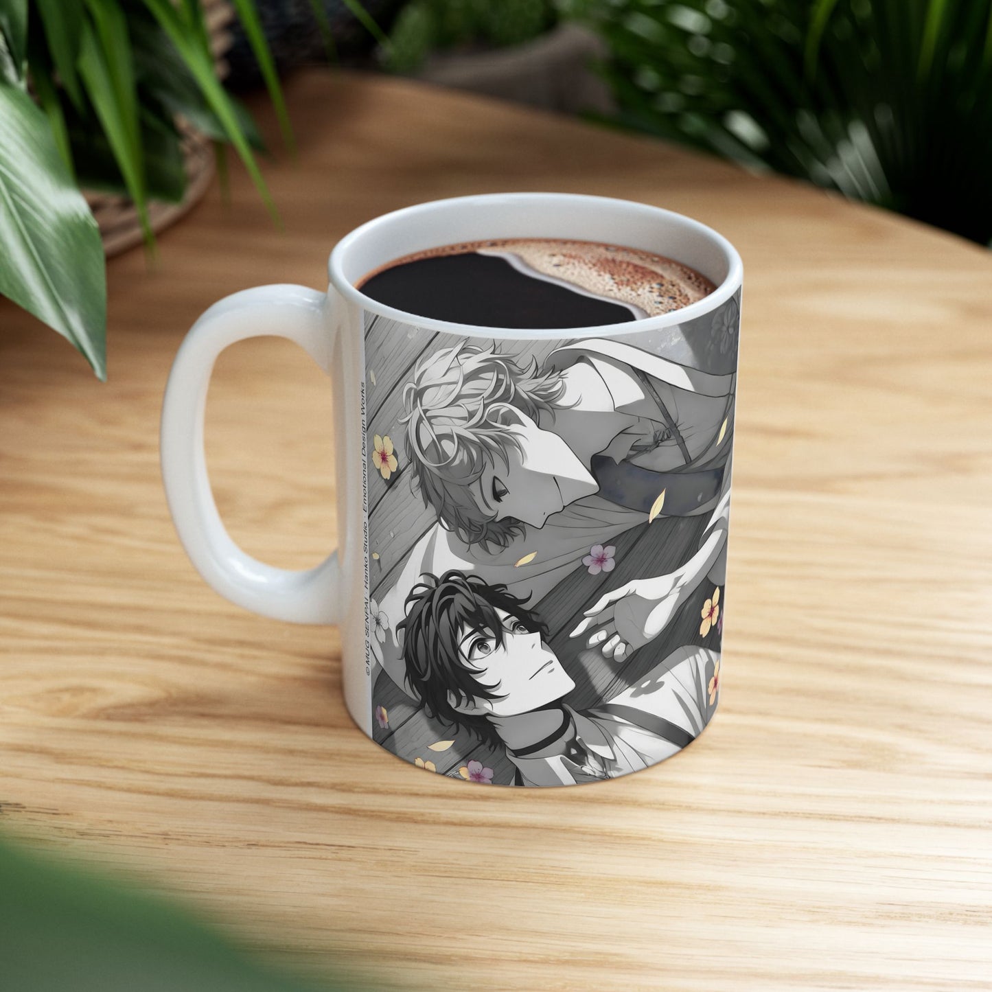 Boys Love Anime Mug – Soft Flower Petal Romance, Gentle BL Moment, Emotional Manga Coffee Cup