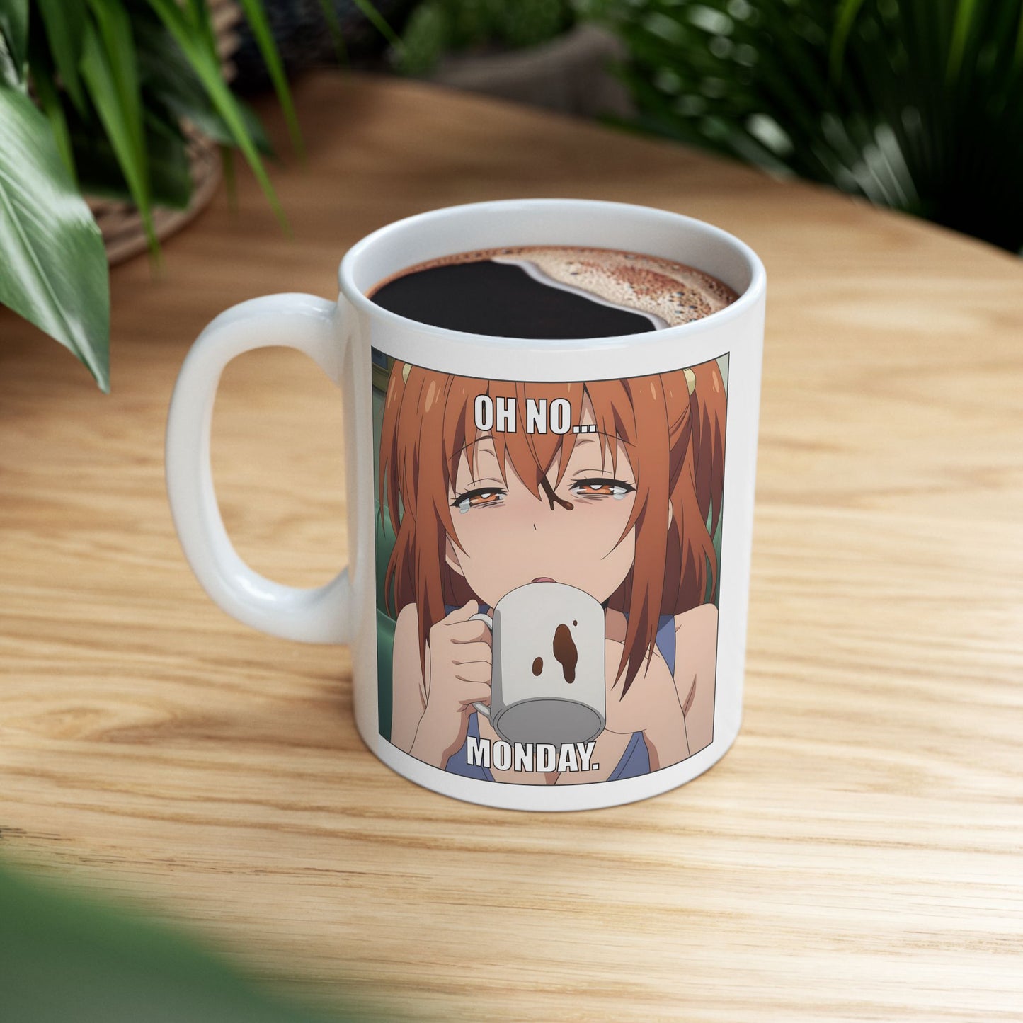Anime Monday Mug – Oh No Meme Coffee Cup with Tired Girl, Funny Otaku Gift for Work Chaos, Exhausted Mornings, and Relatable Weeb Burnout