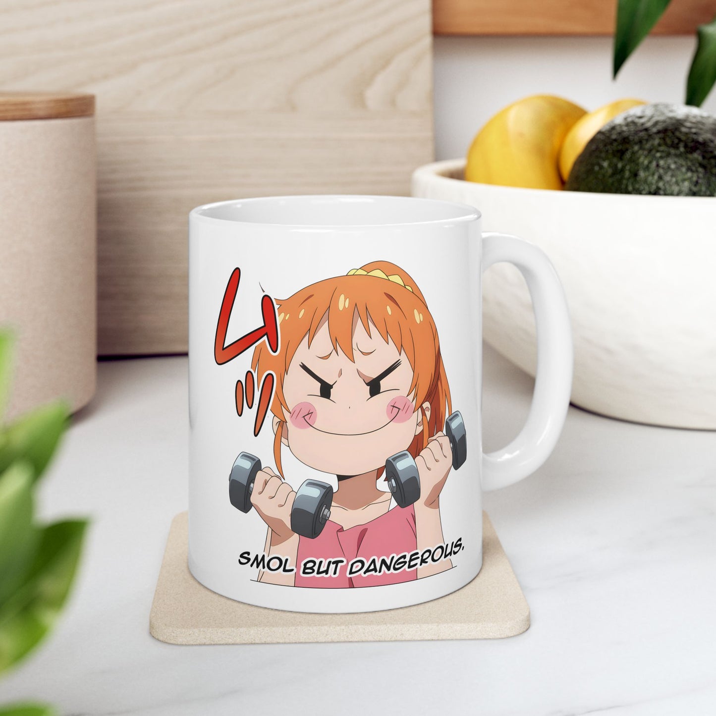 Funny Anime Mug – Smol But Dangerous Chibi Girl Lifting Weights, Otaku Coffee Cup for Chaotic Gym Vibes and Kawaii Workout Energy