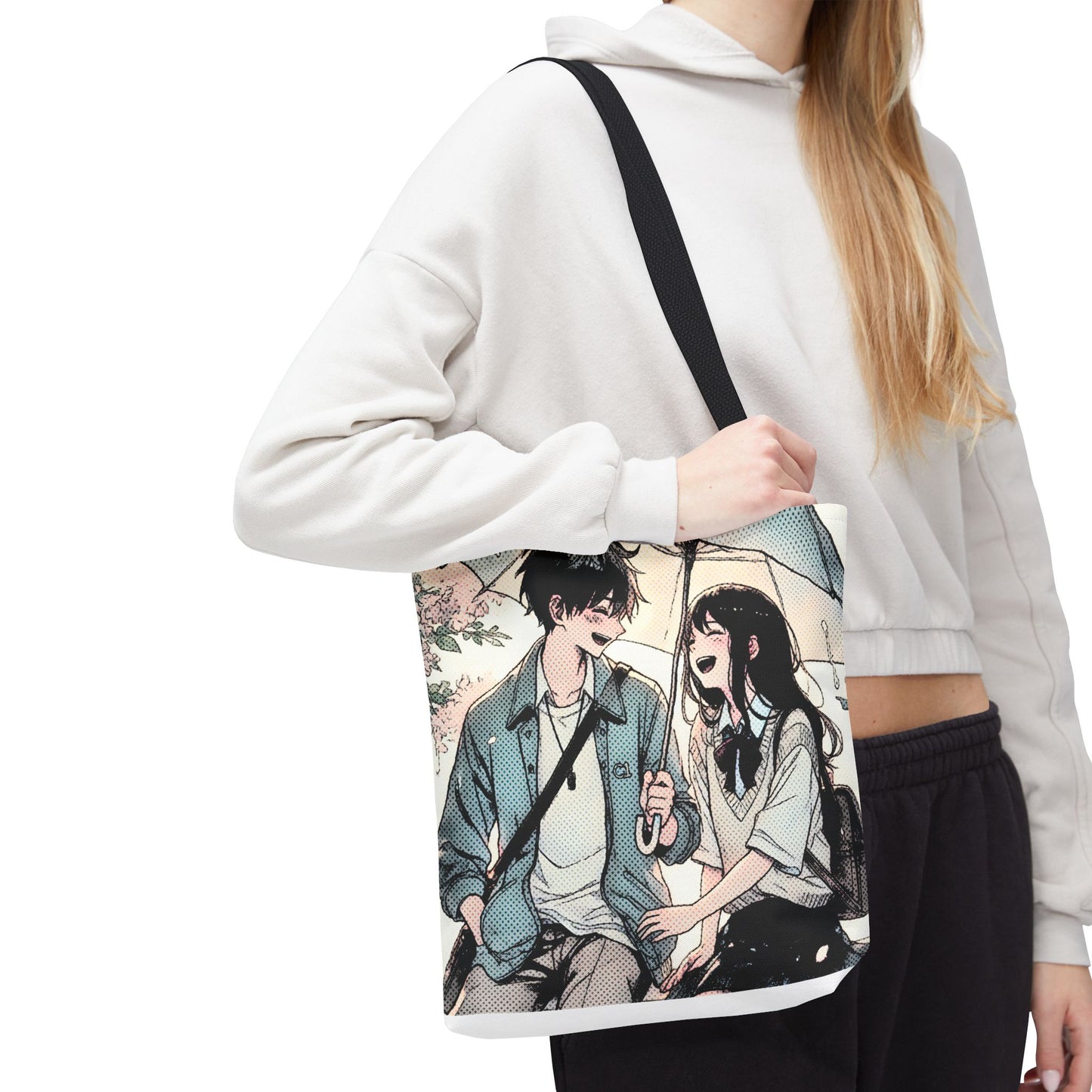 Anime Couple Tote Bag – Soft Romantic Rain Scene, Cute Manga Umbrella Moment, Aesthetic Love Story Bag