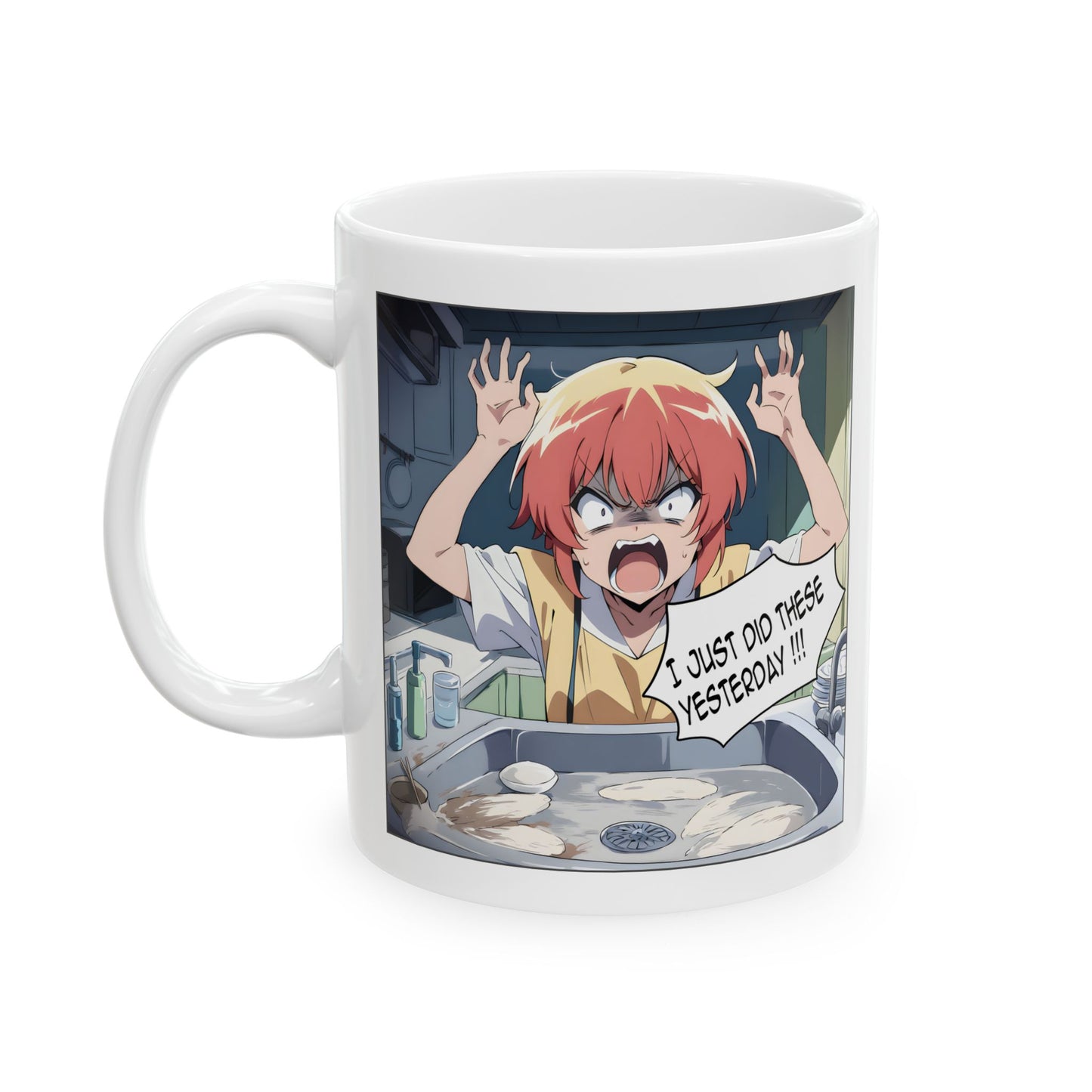 Anime Chores Mug – Screaming Manga Girl at Sink, Relatable Burnout Gift for Overworked Students and Domestic Chaos Survivors
