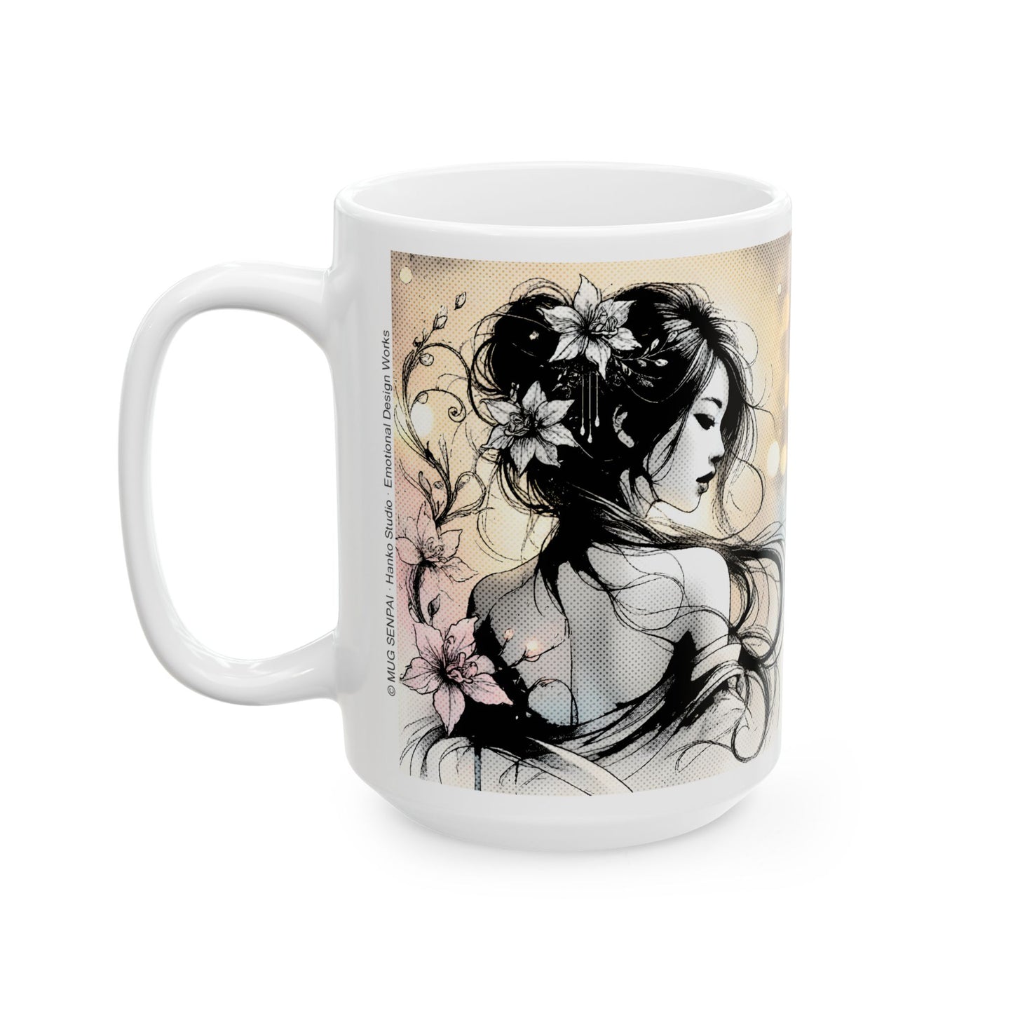 Floral Manga Mug – Elegant Ink Line Art Girl, Soft Japanese-Inspired Flower Scene, Aesthetic Anime Coffee Cup