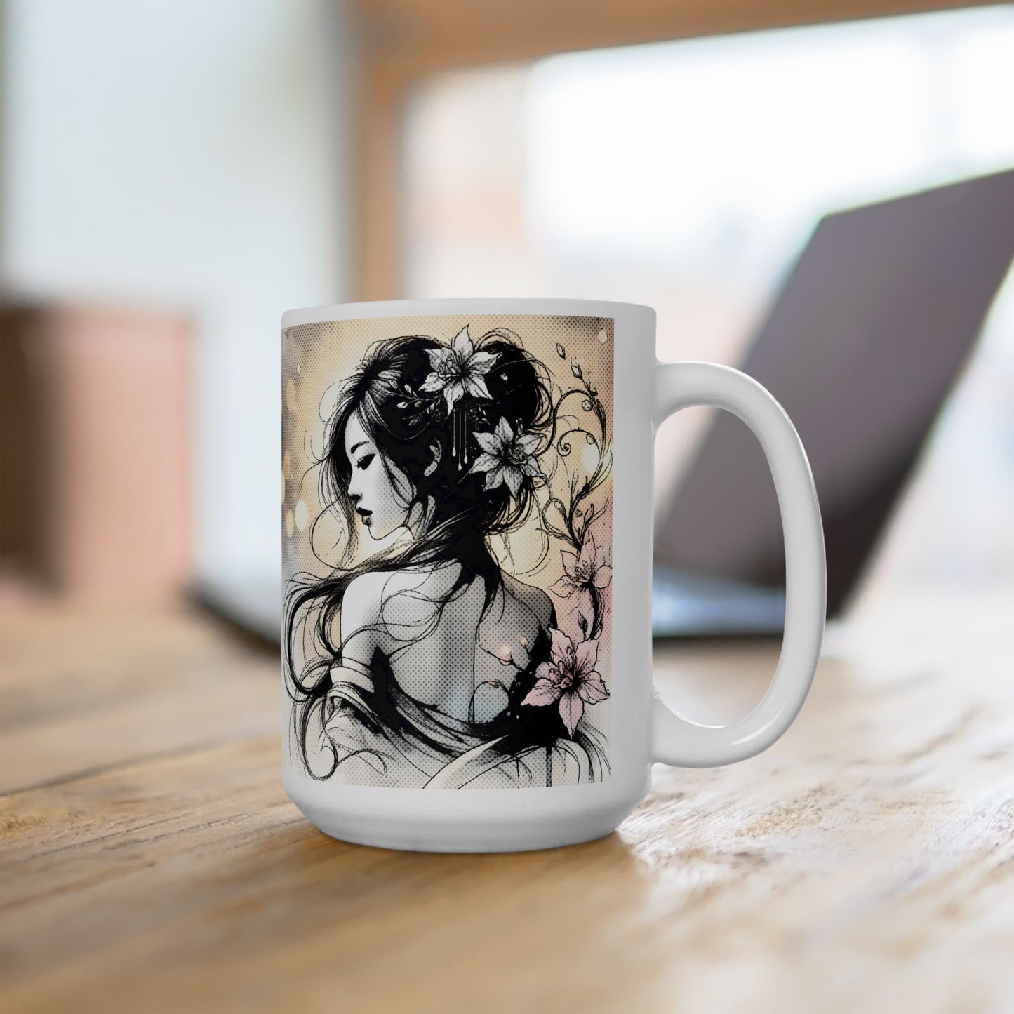 Floral Manga Mug – Elegant Ink Line Art Girl, Soft Japanese-Inspired Flower Scene, Aesthetic Anime Coffee Cup