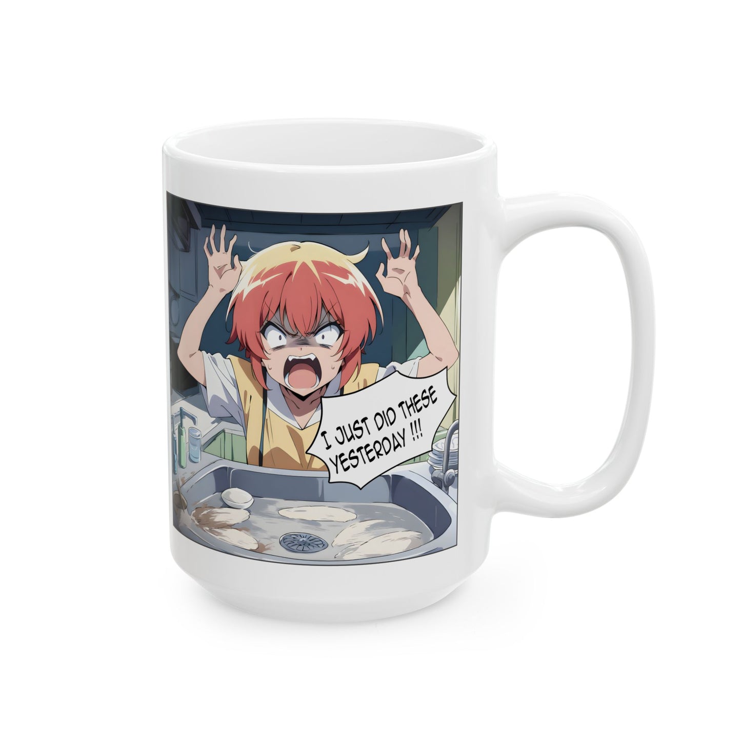 Anime Chores Mug – Screaming Manga Girl at Sink, Relatable Burnout Gift for Overworked Students and Domestic Chaos Survivors