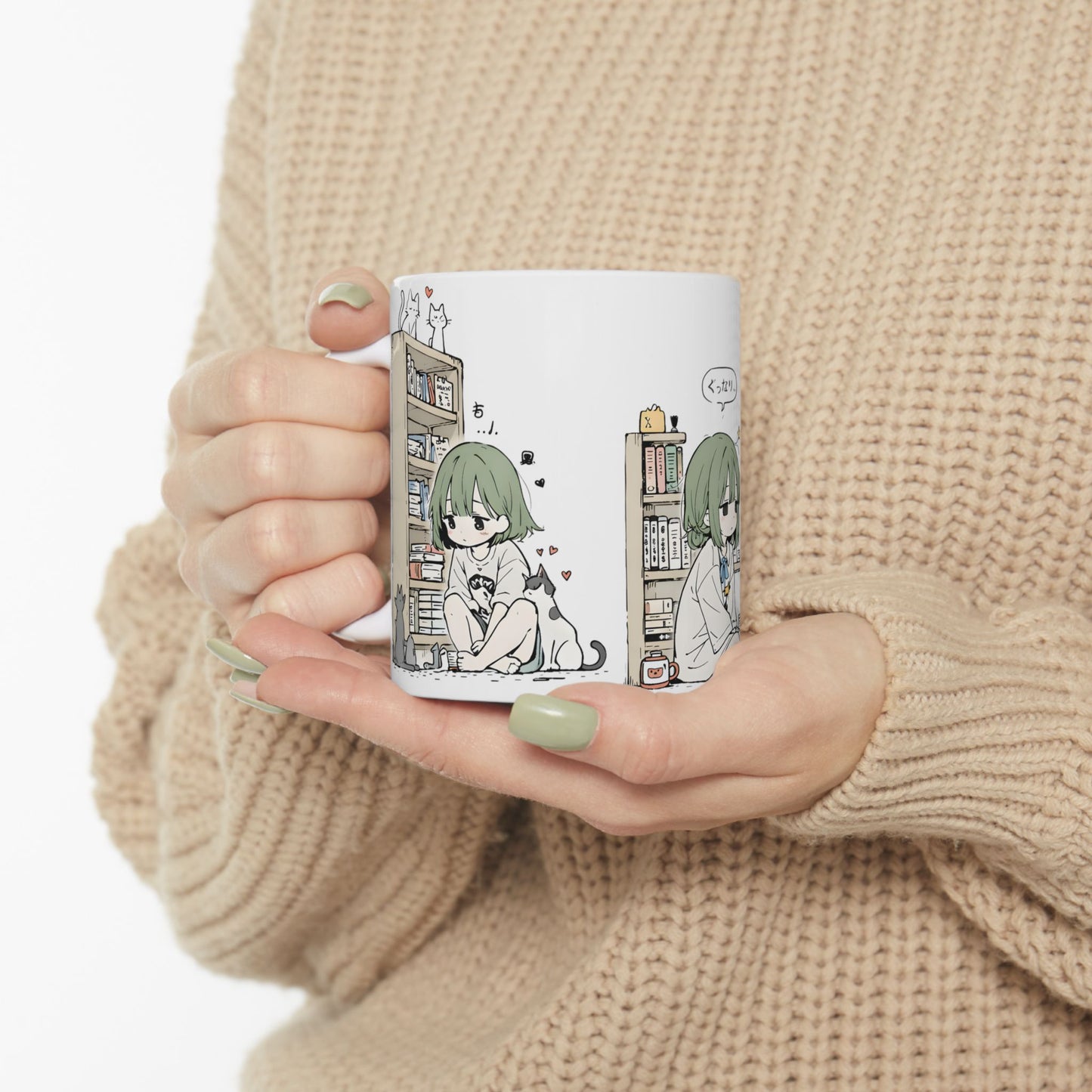 Cozy Cat Anime Mug – Slice of Life Anime Girl with Cats Cup, Soft Aesthetic Cozy Room Mug, Cute Cat Lover Coffee Mug Gift