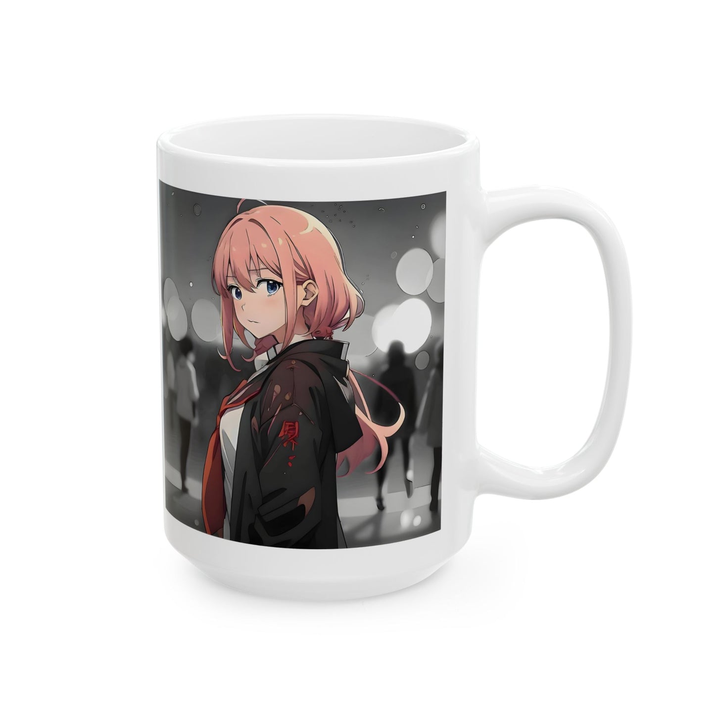 Emotional Anime Mug – Lonely Girl in Rainy Crowd, Pink Hair Manga Scene with Bokeh Lights, Sad Coffee Cup for Soft Moments