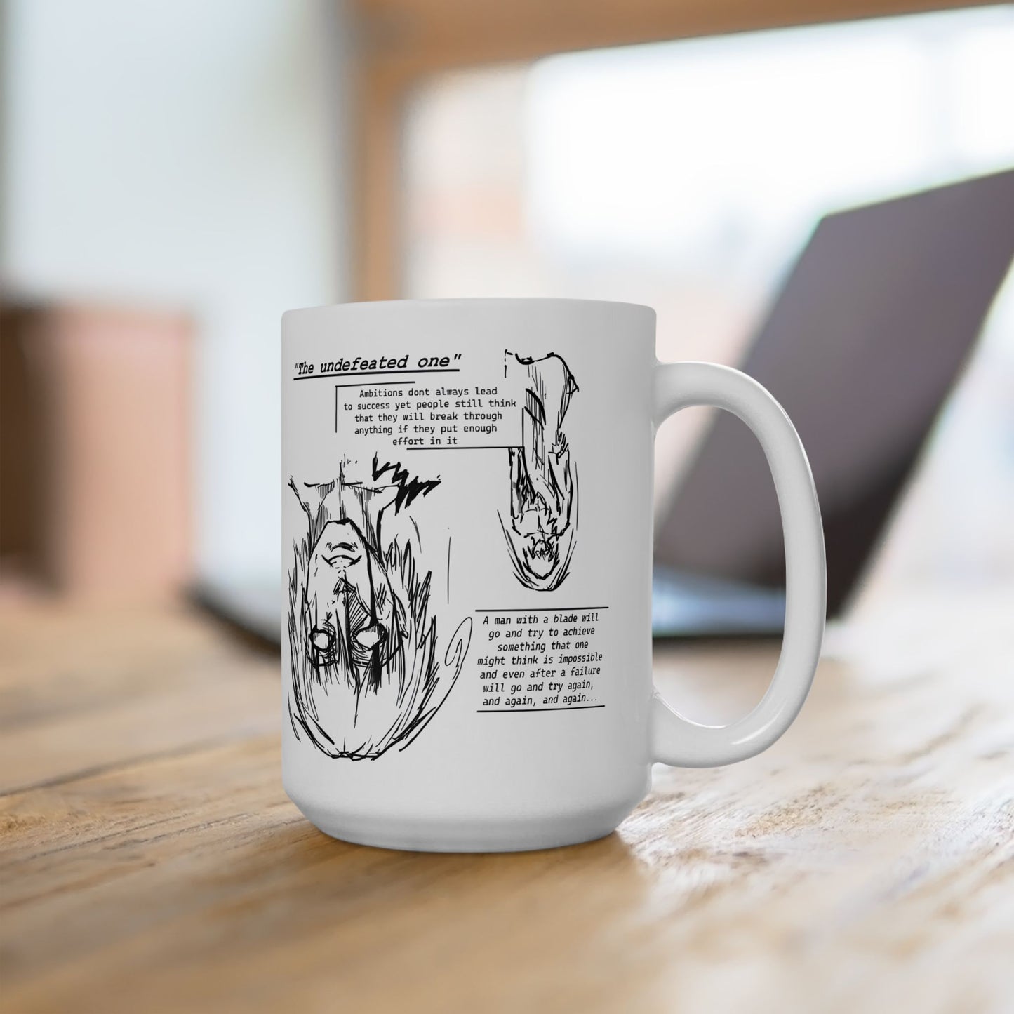 Cross-Eyed Samurai Mug – Fall of the Undefeated, Hand-Drawn Manga Art Coffee Cup, Mythic Anime Gift for Fans of Gritty Stories, B&W Samurai Design
