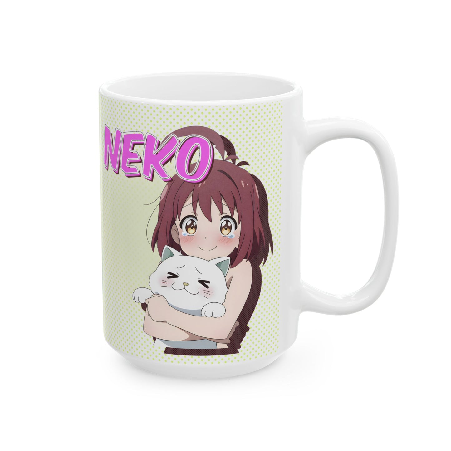 Kawaii Cat Mug – Cute Anime Girl Hugging Chubby Neko, Cozy Anime Coffee Cup for Cat Lovers