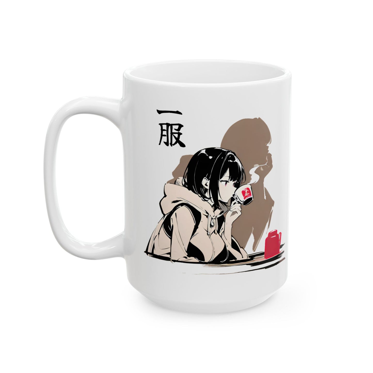 Anime Coffee Mug – Quiet Girl Sipping Tea with Shadow Silhouette, Moody Japanese Art Gift for Introverts and Anime Lovers