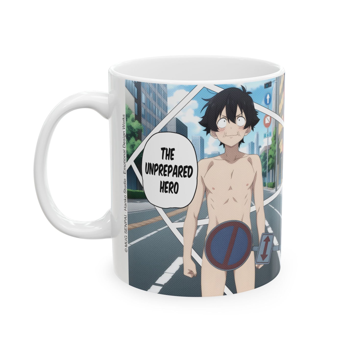 Isekai Meme Mug – Naked Summon Gone Wrong, Funny Anime Coffee Mug, Hilarious Traffic Sign Censorship Gag, Gift for Otaku and Chaos Lovers