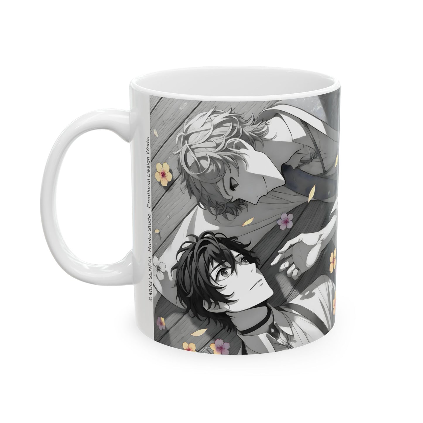 Boys Love Anime Mug – Soft Flower Petal Romance, Gentle BL Moment, Emotional Manga Coffee Cup
