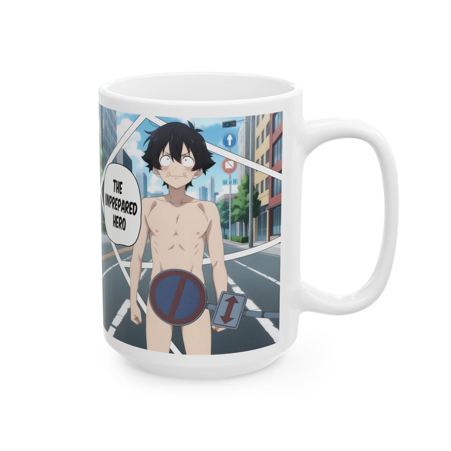Isekai Meme Mug – Naked Summon Gone Wrong, Funny Anime Coffee Mug, Hilarious Traffic Sign Censorship Gag, Gift for Otaku and Chaos Lovers