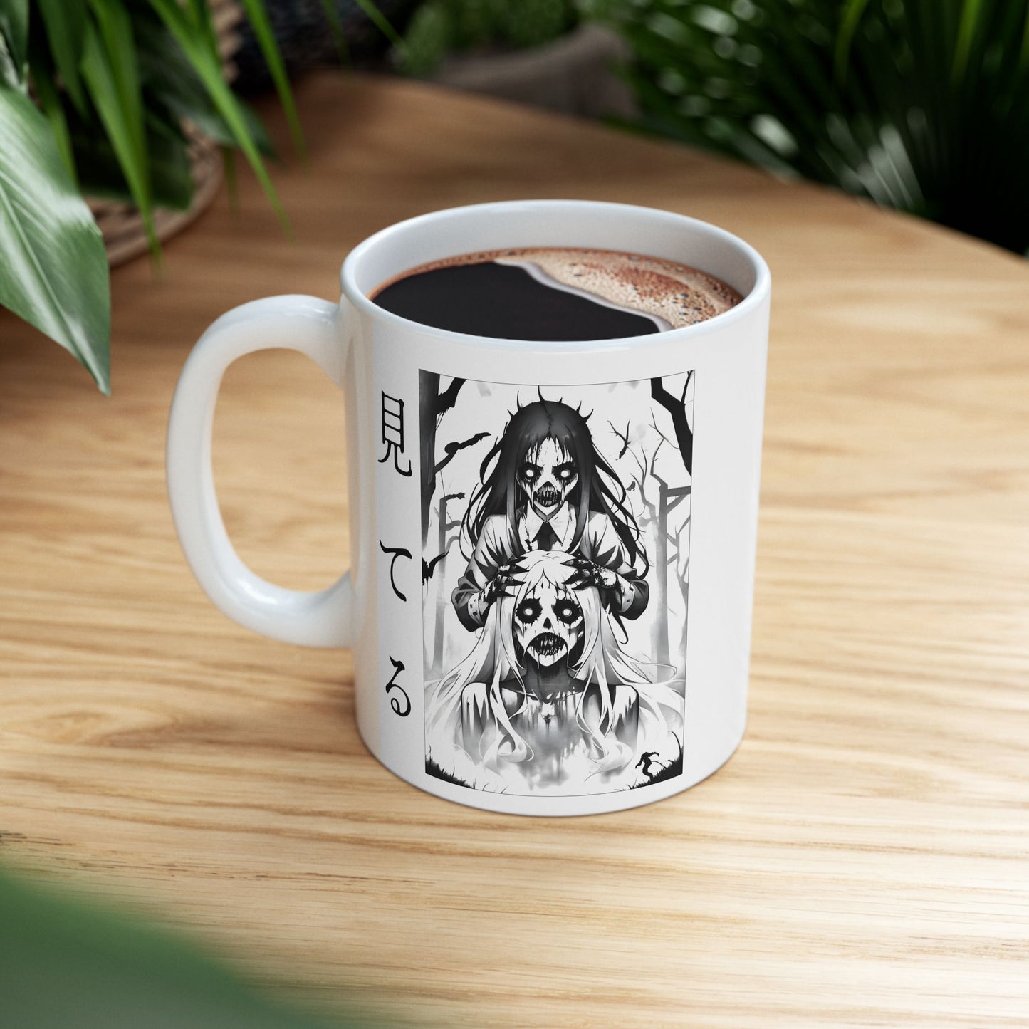 Anime Horror Mug – Creepy Ghost Girls in Forest, Gothic Black-and-White Cup with Kanji, Disturbing Coffee Gift for Horror Fans