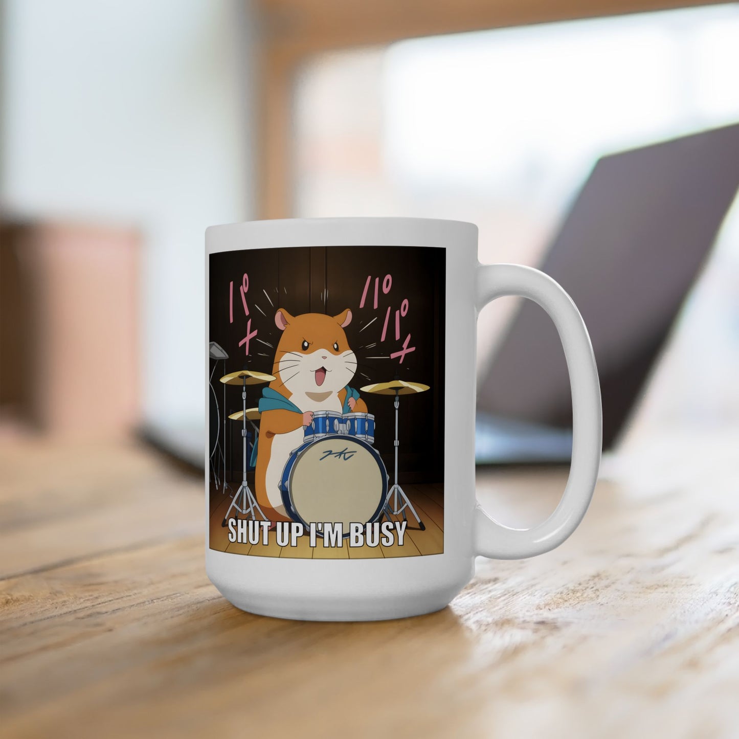Hamster Meme Mug – Shut Up I’m Busy Drumming, Funny Kawaii Animal Cup for Office Gremlins, Overstimulated Otaku, and Loud Work Moods