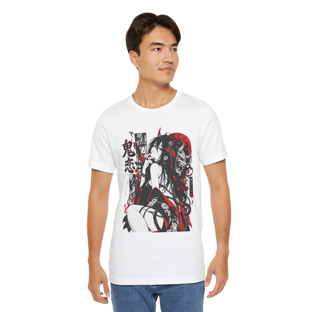 Anime Demon Girl Tee – Red Black Oni Mask Manga Art
