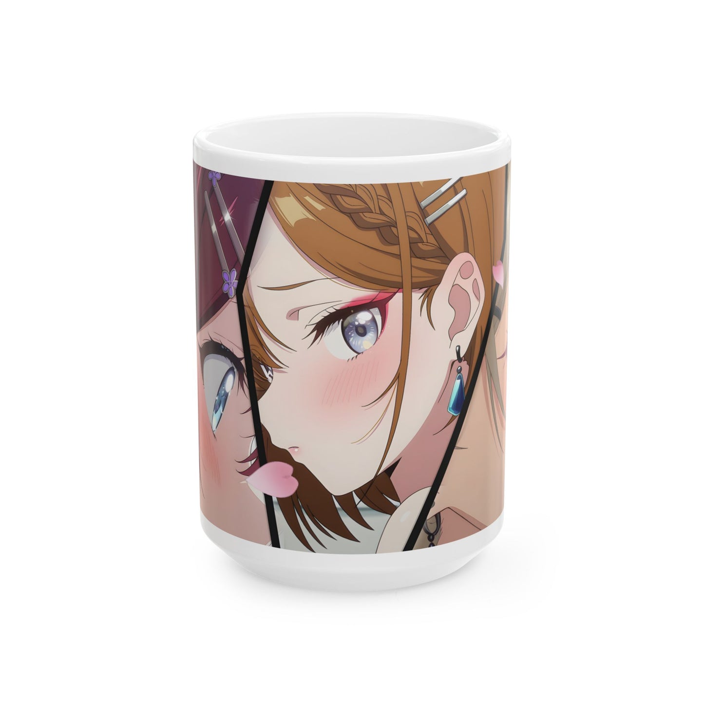Anime Romance Mug – Blushing Rival Girls, Close-Up Love Triangle Scene, Emotional Manga Coffee Cup for Romantic Moments