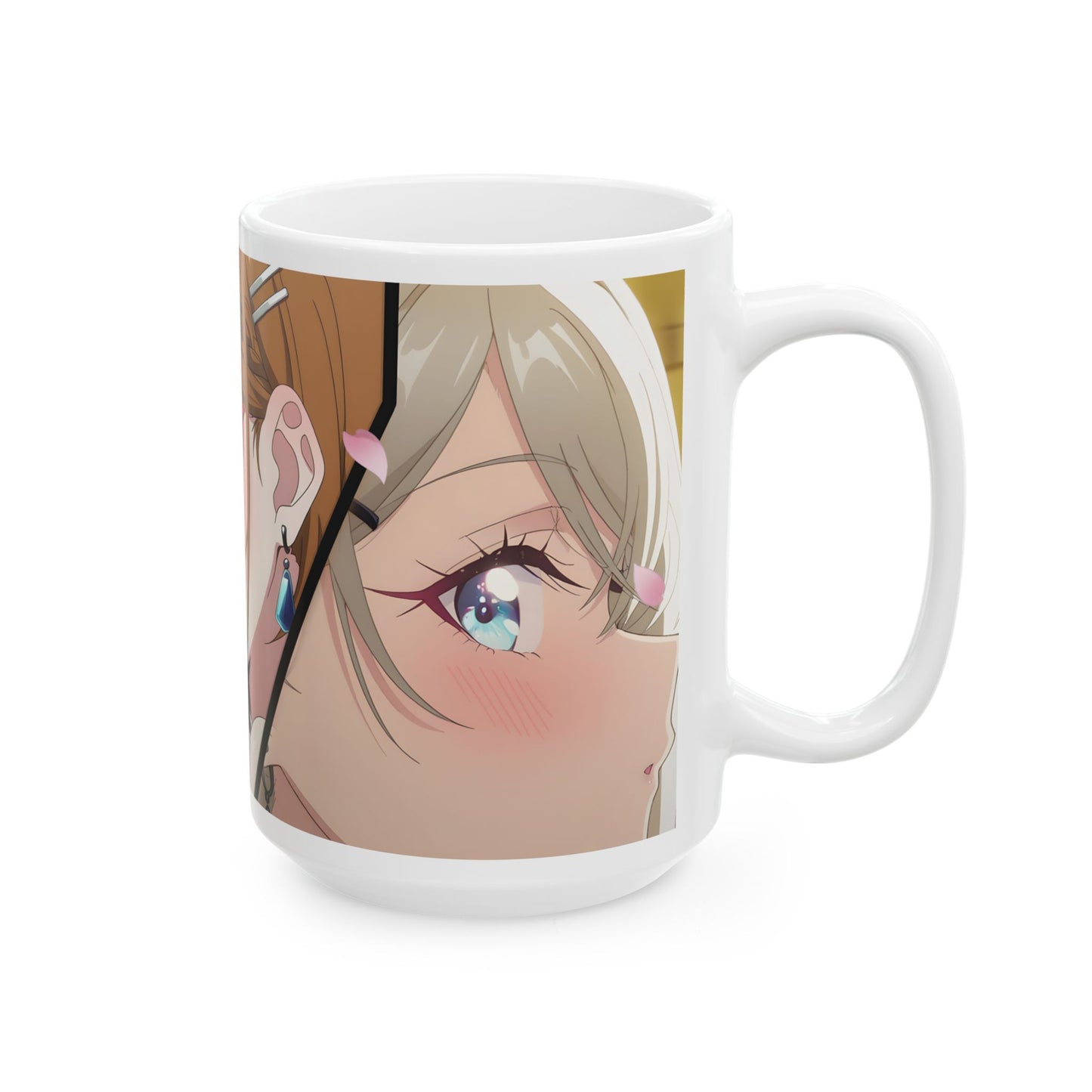 Anime Romance Mug – Blushing Rival Girls, Close-Up Love Triangle Scene, Emotional Manga Coffee Cup for Romantic Moments