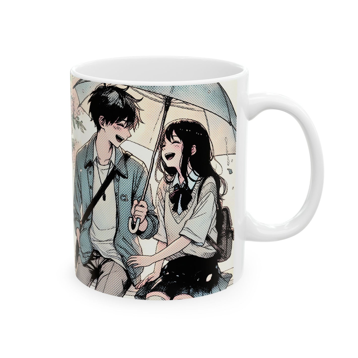 Anime Couple Mug – Soft Rain Walk Romance, Sweet Manga Umbrella Moment, Emotional Coffee Cup for Love Story Fans