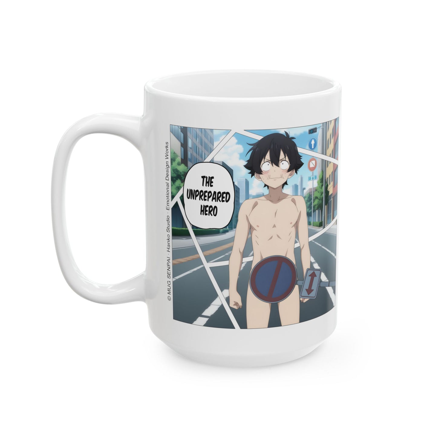 Isekai Meme Mug – Naked Summon Gone Wrong, Funny Anime Coffee Mug, Hilarious Traffic Sign Censorship Gag, Gift for Otaku and Chaos Lovers