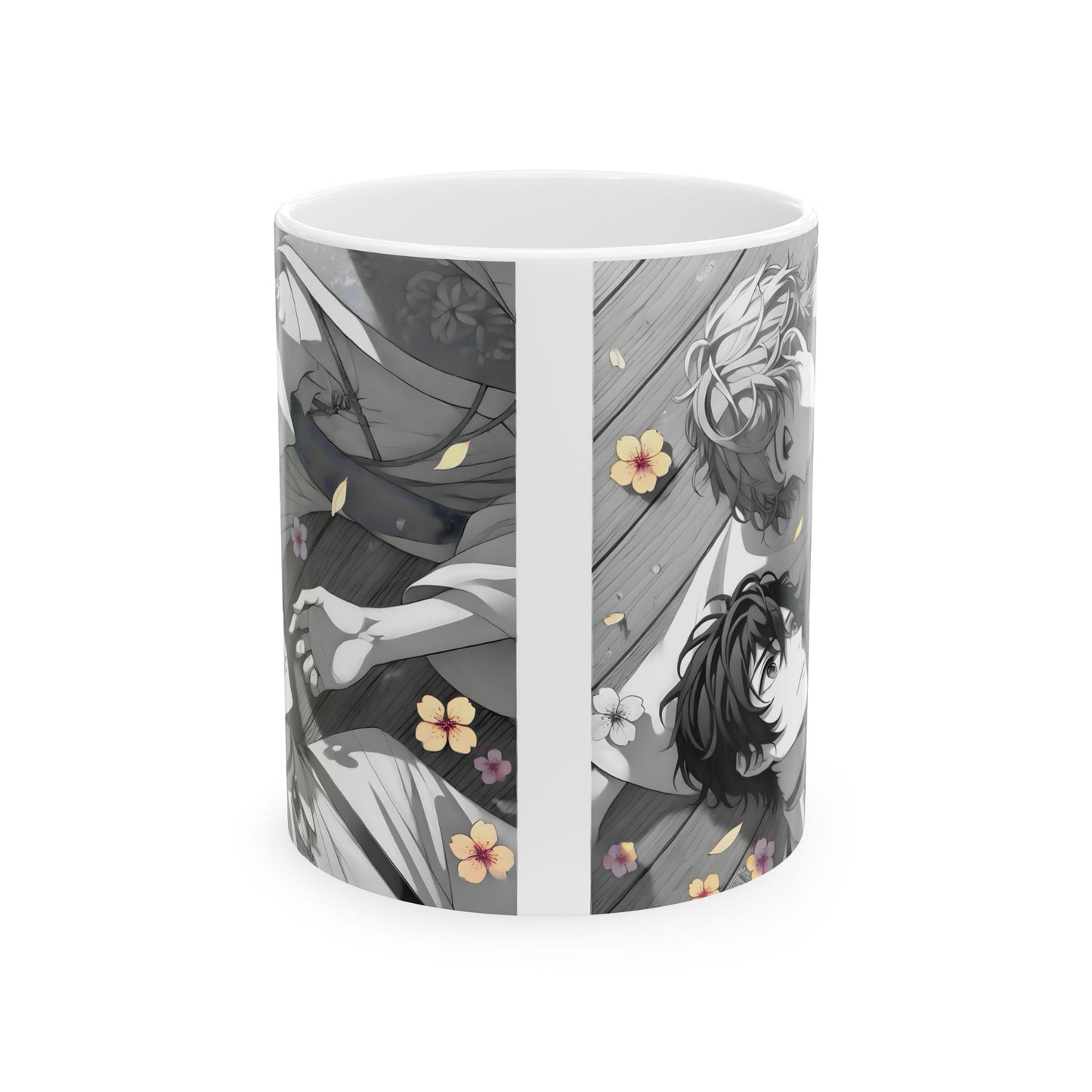 Boys Love Anime Mug – Soft Flower Petal Romance, Gentle BL Moment, Emotional Manga Coffee Cup