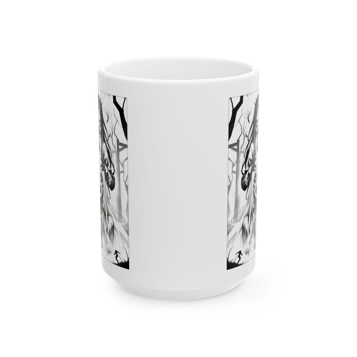 Anime Horror Mug – Creepy Ghost Girls in Forest, Gothic Black-and-White Cup with Kanji, Disturbing Coffee Gift for Horror Fans