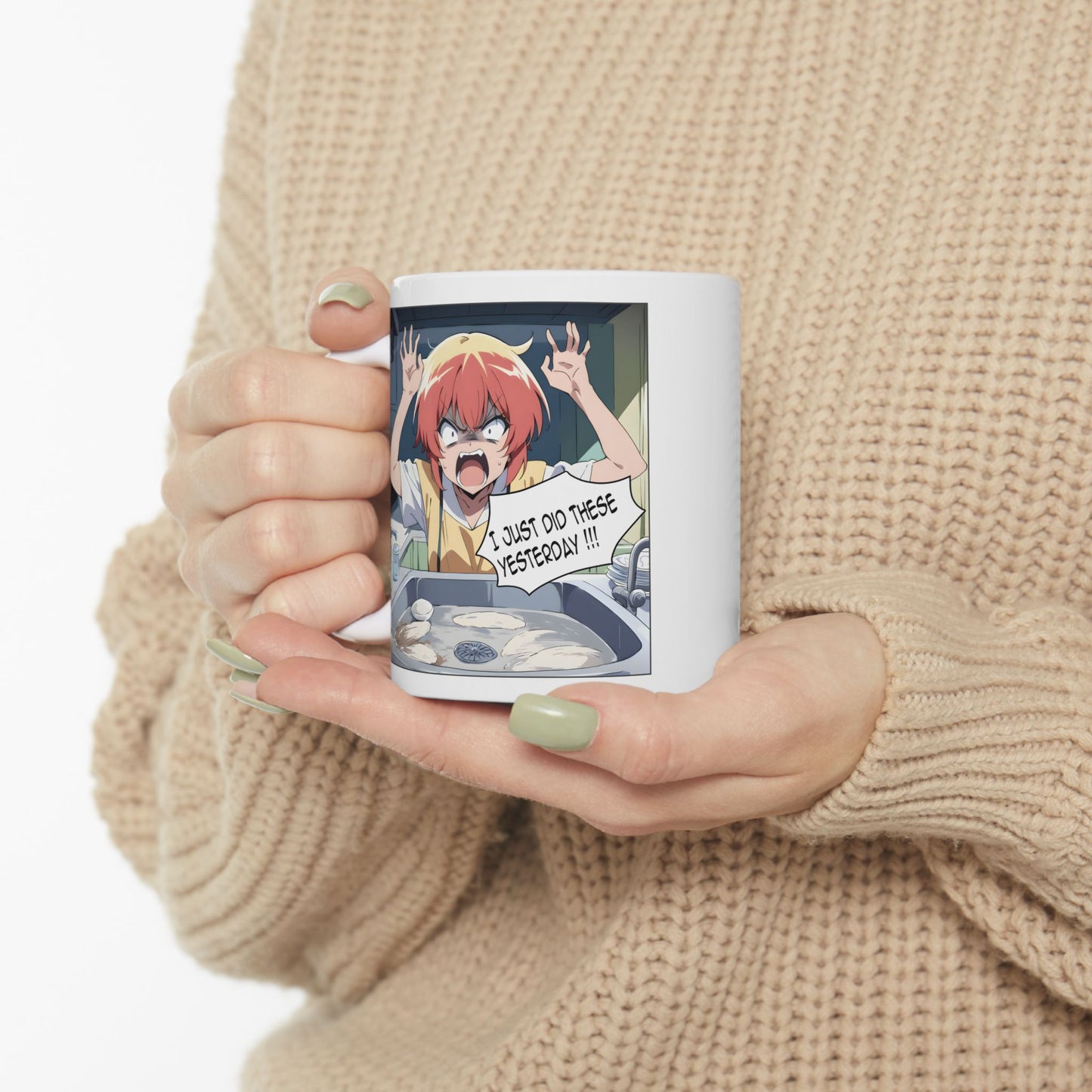 Anime Chores Mug – Screaming Manga Girl at Sink, Relatable Burnout Gift for Overworked Students and Domestic Chaos Survivors