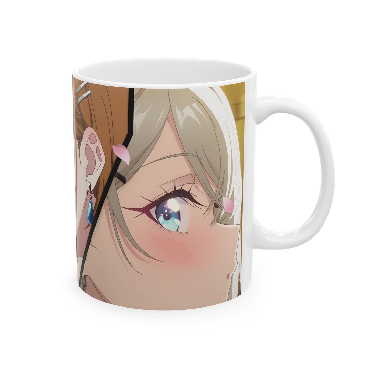 Anime Romance Mug – Blushing Rival Girls, Close-Up Love Triangle Scene, Emotional Manga Coffee Cup for Romantic Moments