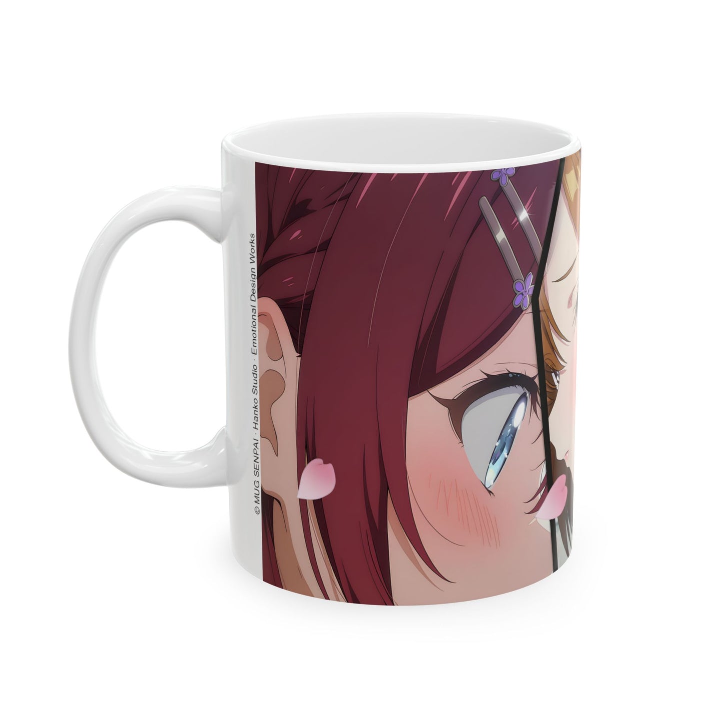 Anime Romance Mug – Blushing Rival Girls, Close-Up Love Triangle Scene, Emotional Manga Coffee Cup for Romantic Moments