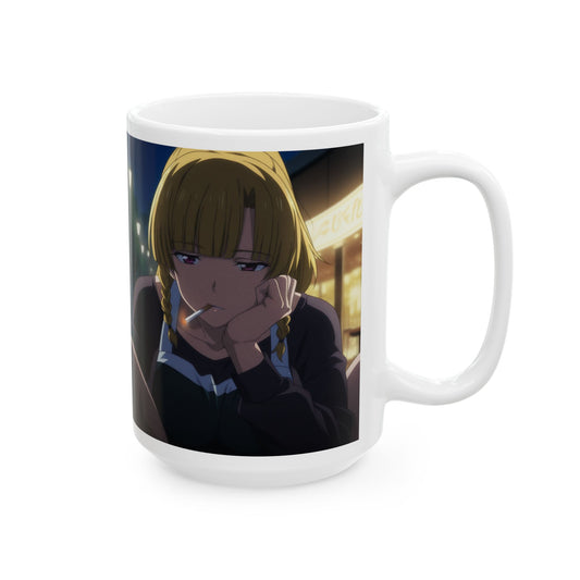 Anime Aesthetic Mug – Tired Night-Shift Girl, Moody Late-Night Bar Scene, Emotional Manga Coffee Cup