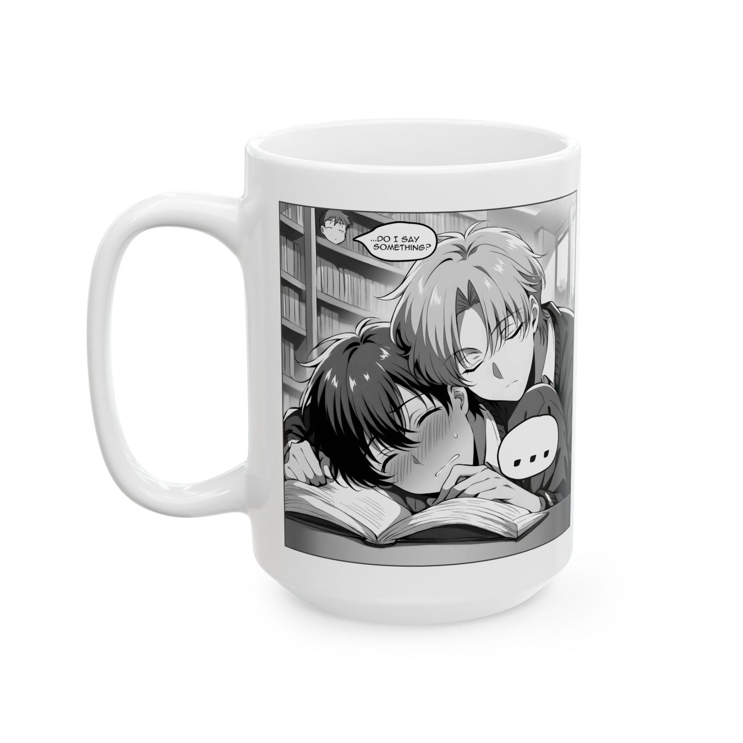 Tender BL Mug – Sleepy Manga Boys in Library Hug Scene, Soft Romantic Moment for Fans of Gentle Love and Quiet Stillness