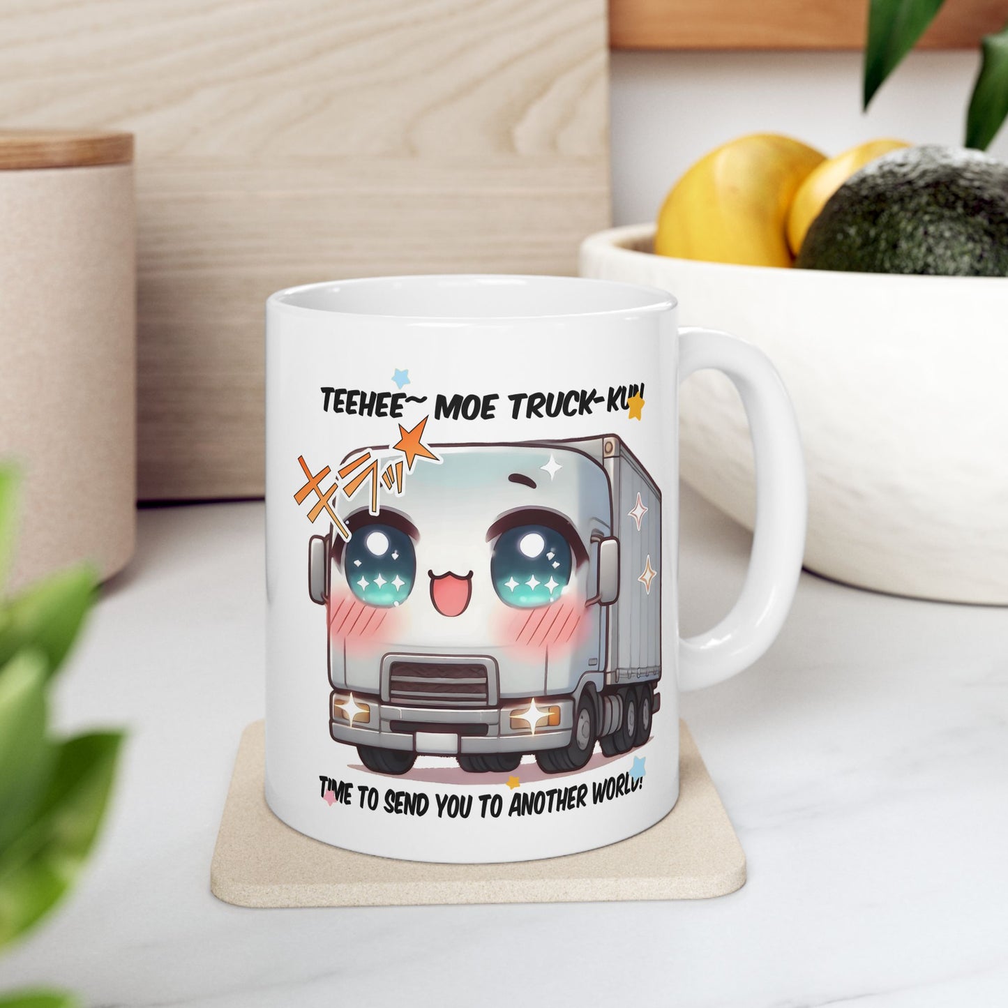 Truck Kun Mug – Funny Isekai Meme Coffee Cup, Moe Anime Truck Otaku Gift for Fans of Another World Adventures and Chaotic Kawaii Humor