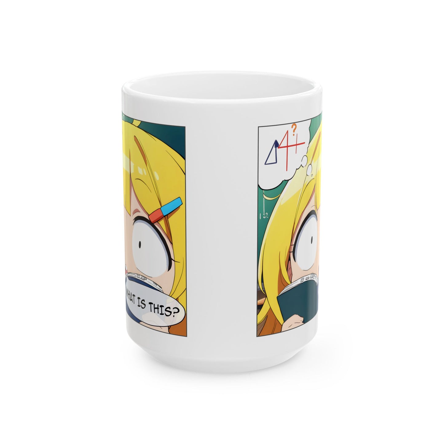 Math Struggle Mug – Confused Anime Girl with Book, Funny Exam Season Gift for Students and Study Survivors