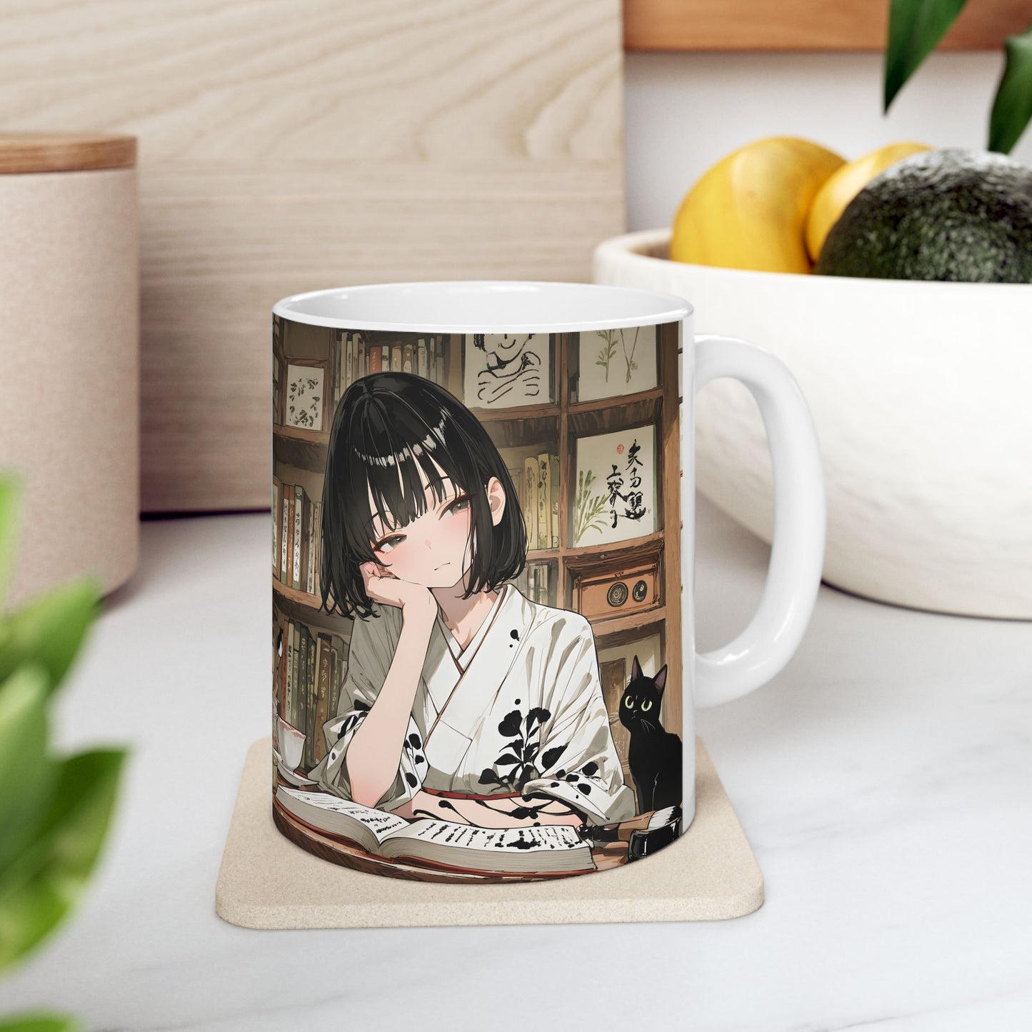 Calm Anime Mug – Cozy Reading Anime Girl Cup, Slow Life Aesthetic Mug, Peaceful Cat Coffee Mug, Relaxing Japanese Text Mug