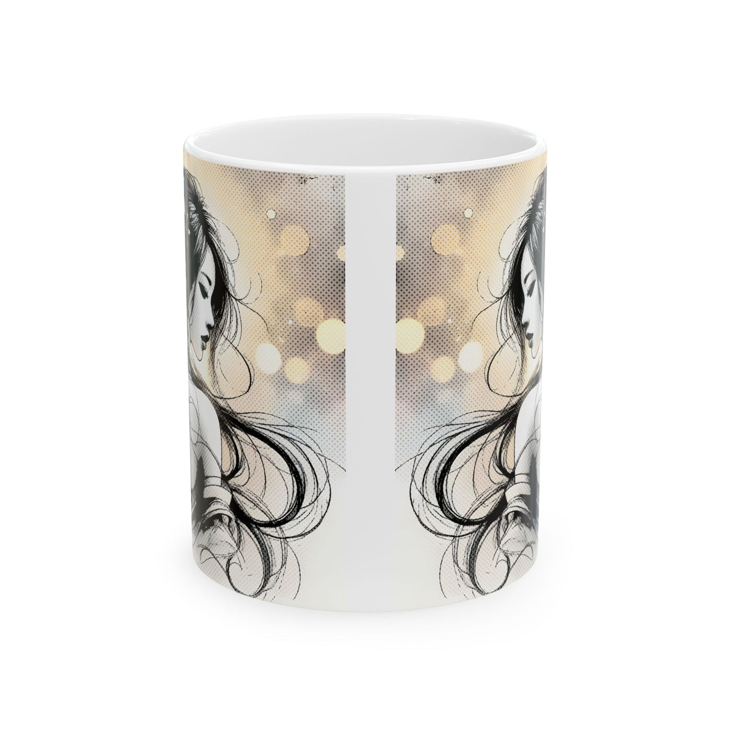 Floral Manga Mug – Elegant Ink Line Art Girl, Soft Japanese-Inspired Flower Scene, Aesthetic Anime Coffee Cup