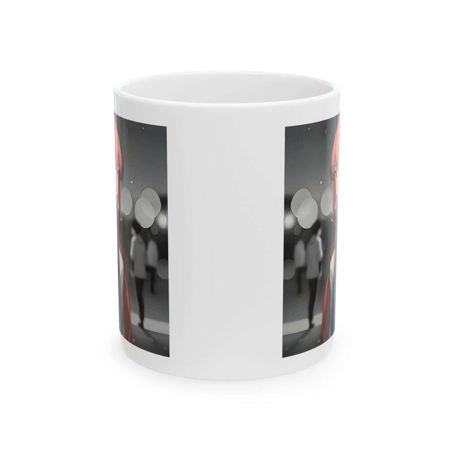 Emotional Anime Mug – Lonely Girl in Rainy Crowd, Pink Hair Manga Scene with Bokeh Lights, Sad Coffee Cup for Soft Moments